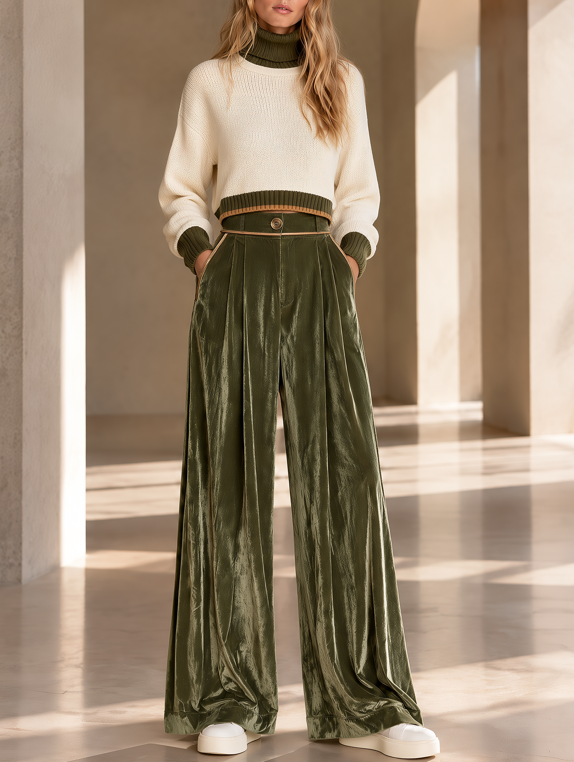 Off-white And Olive Green Sweater And Velvet Wide-leg Trousers Set