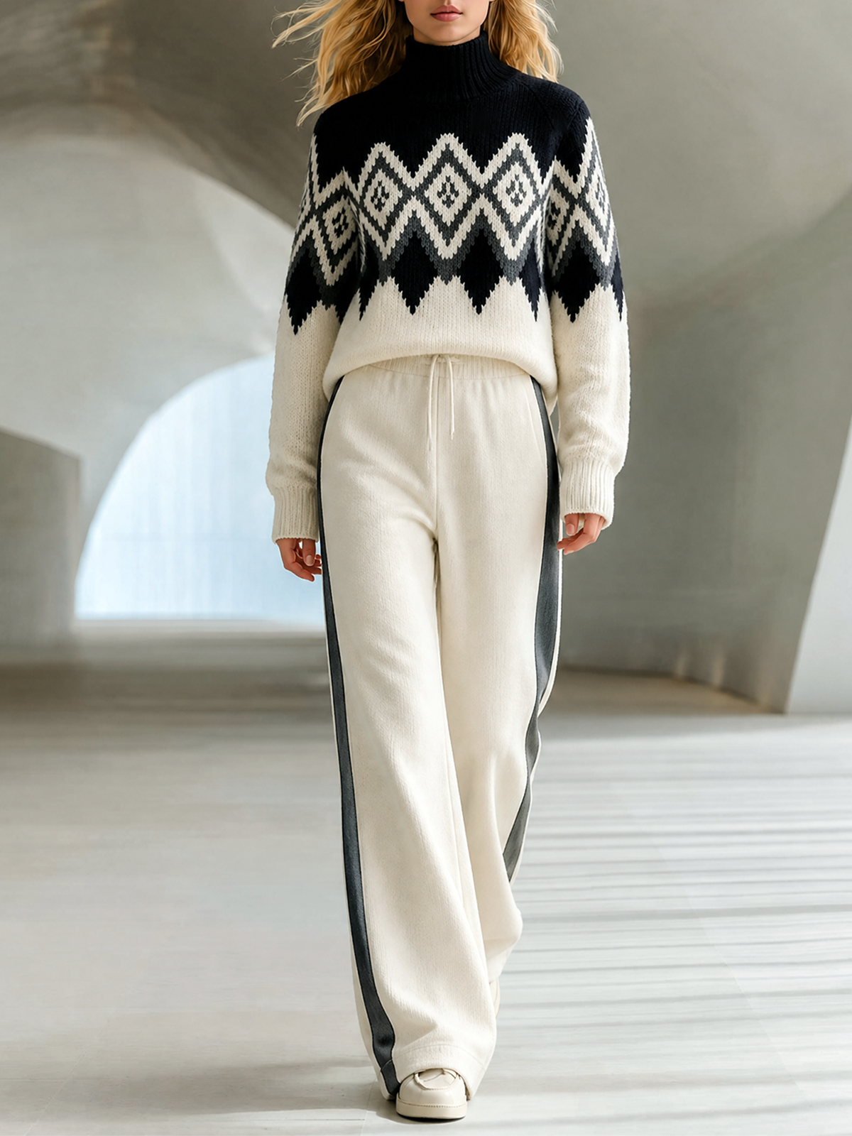 Black-White Turtleneck Fair Isle Jacquard Knit Sweater Wide Leg Pants Two Piece Set