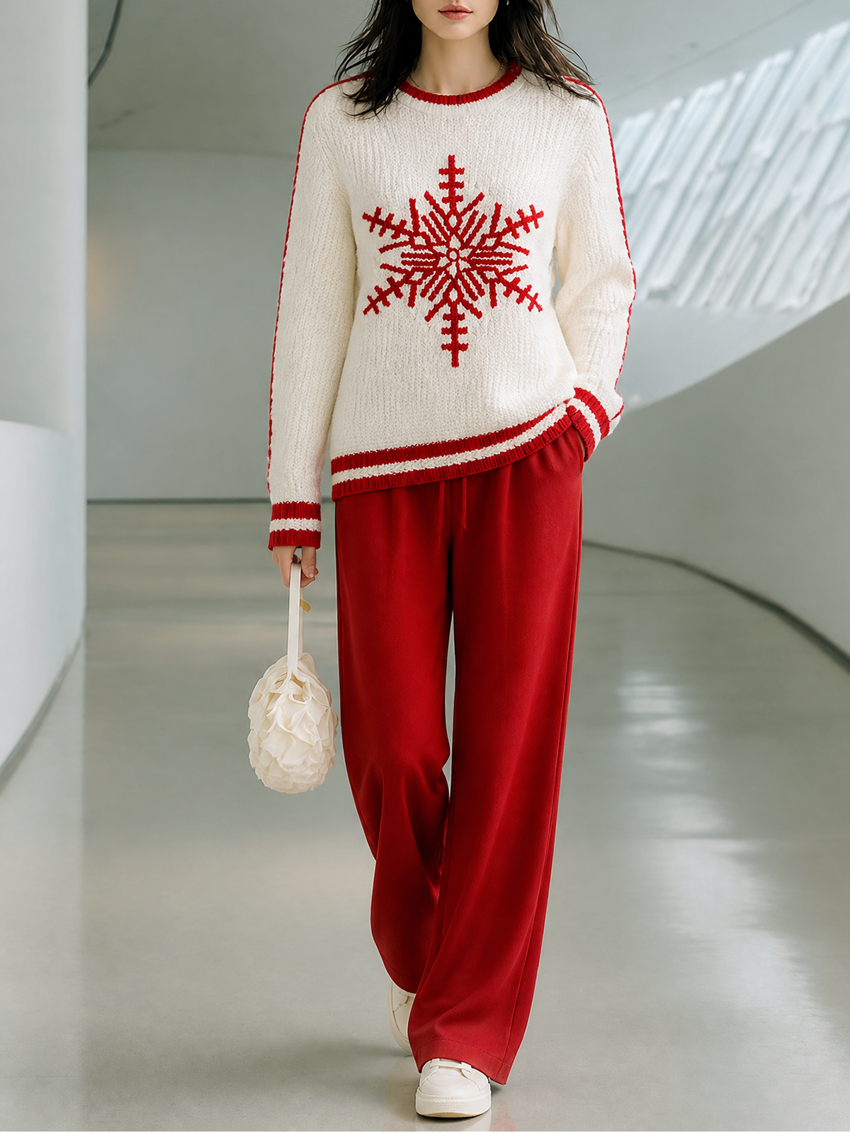 Off White-Red Crew Neck Snowflake Jacquard Knit Sweater Wide Leg Pants Two Piece Set