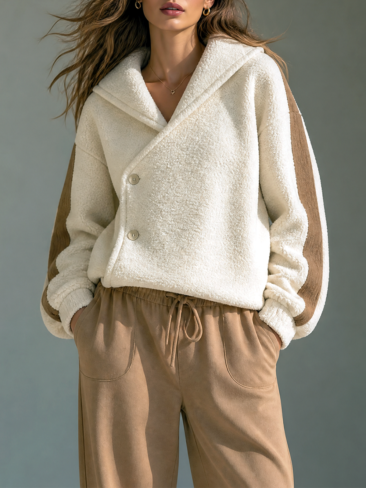 Off White-Brown Color-block Shawl Collar Diagonal Button Teddy Fleece Jacket