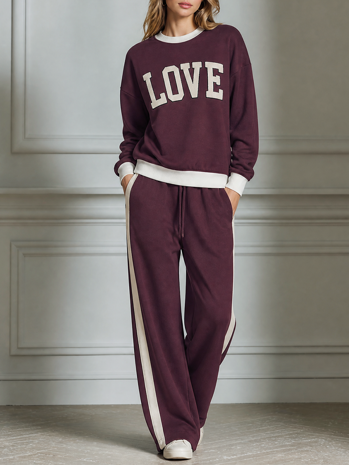 Burgundy-White Color-block Crew Neck Letter Print Sweatshirt Wide Leg Pants Two Piece Set