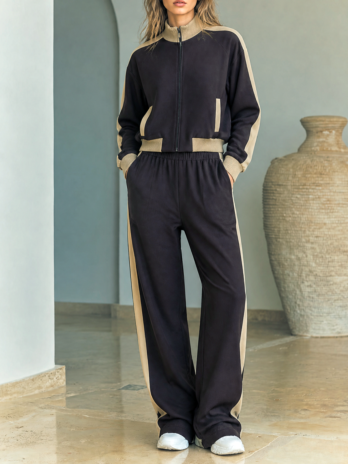 Dark Brown Stand Collar Full Zip Contrast Trim Jacket Wide Leg Pants Two Piece Set