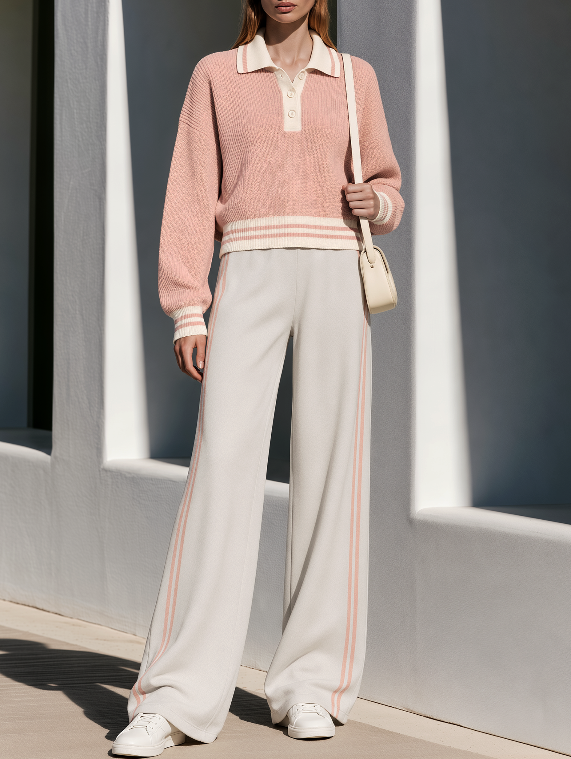Pinkish-orange Collared Knit Sweater And Wide-leg Trousers Set