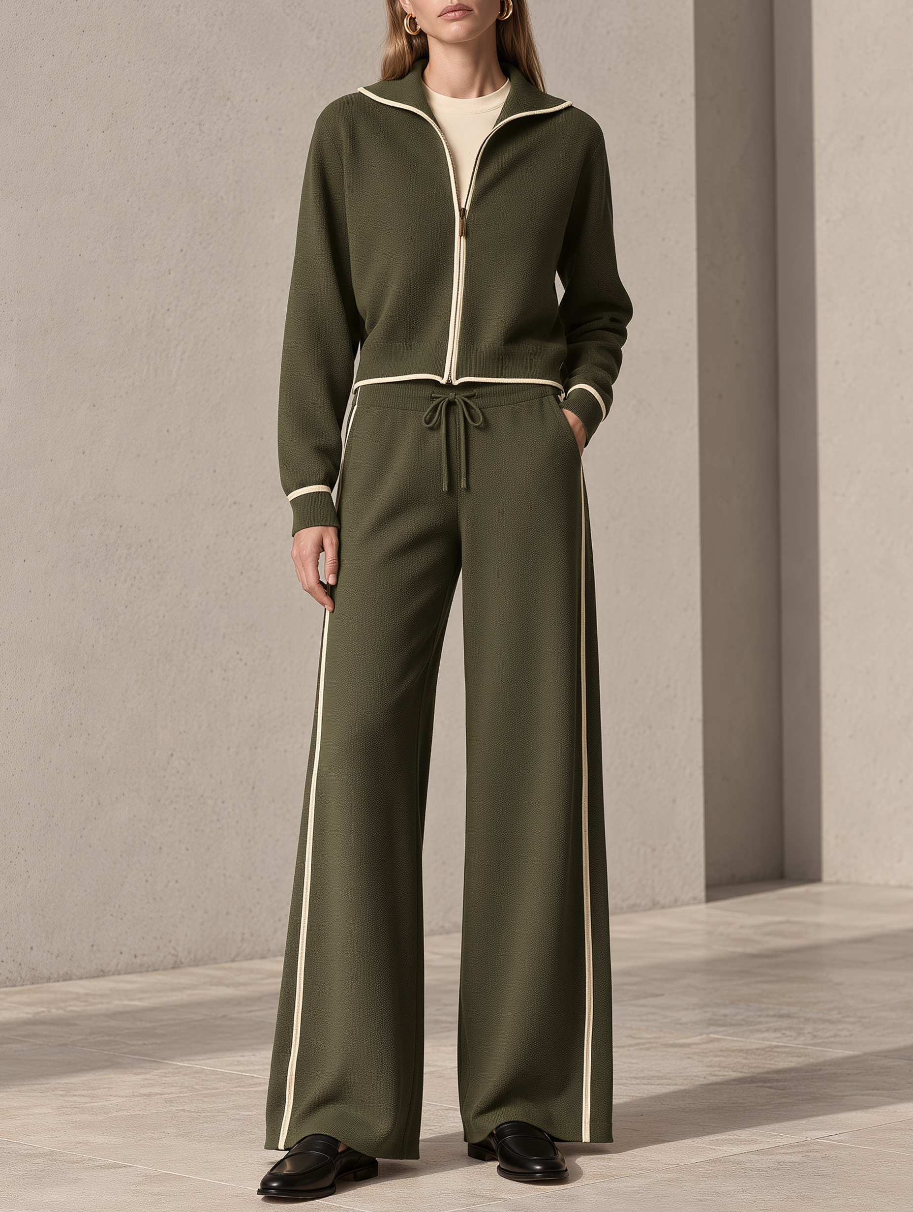Olive Green Zip-up Jacket And Wide-leg Trousers With Beige Piping