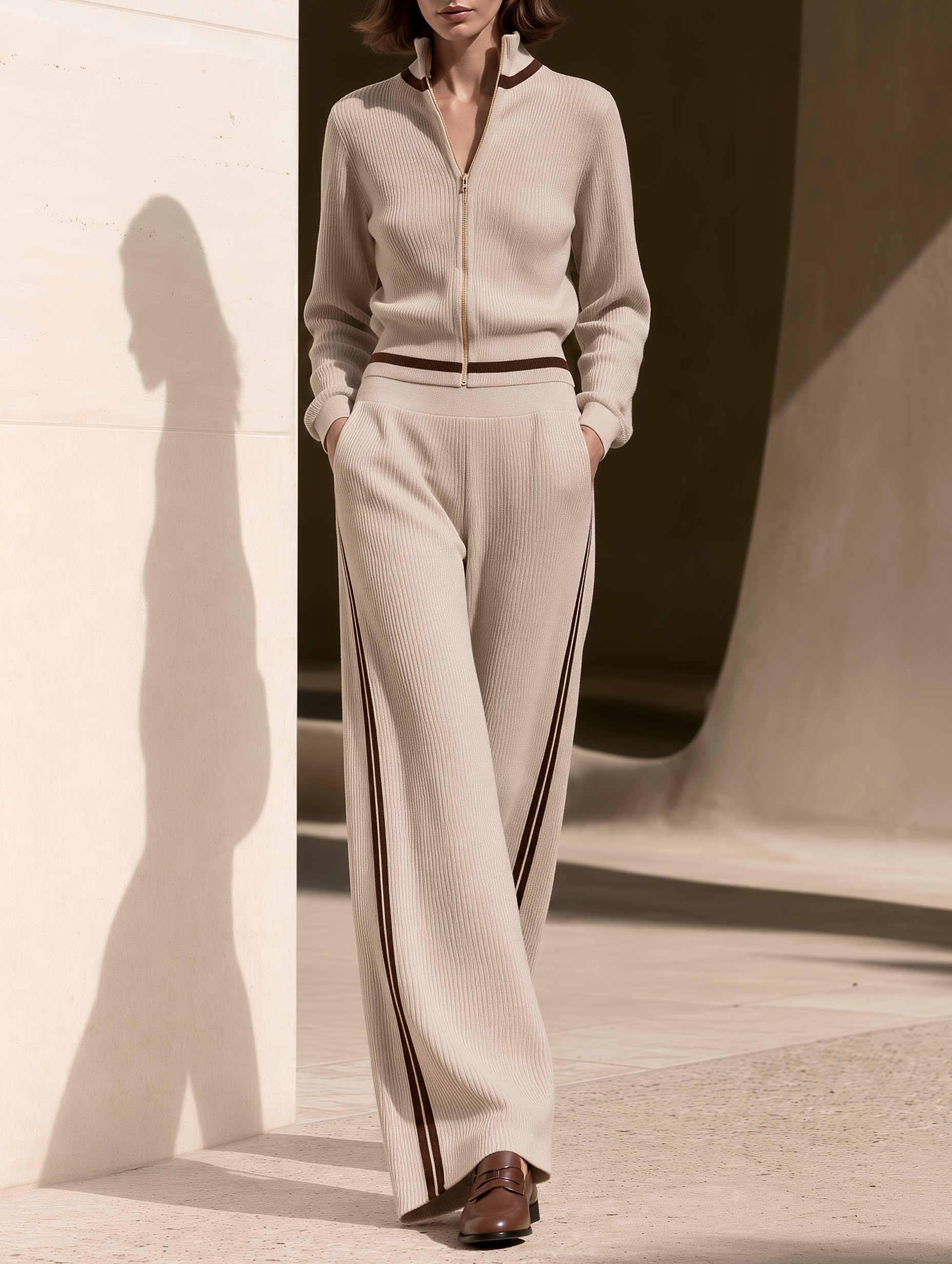 Khaki Ribbed Zip-up Jacket And Brown Striped Wide-leg Trousers