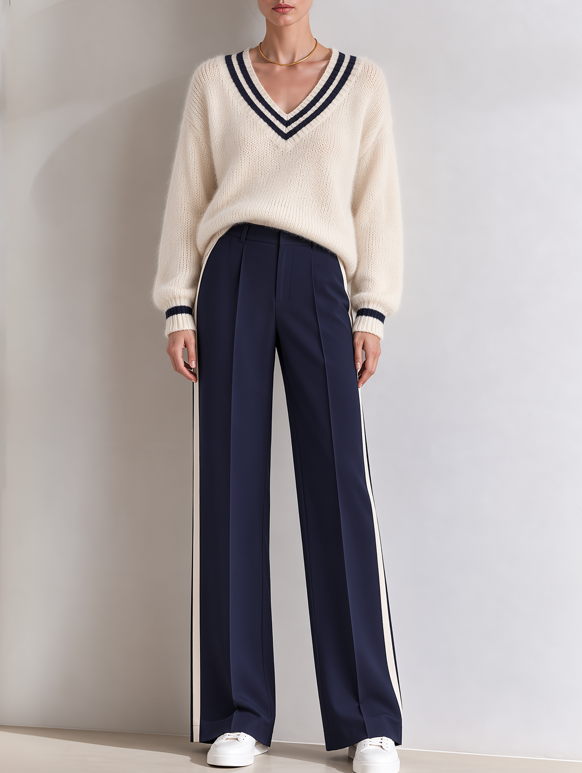 Off-white V-neck Knit Sweater And Navy Wide-leg Trousers Set