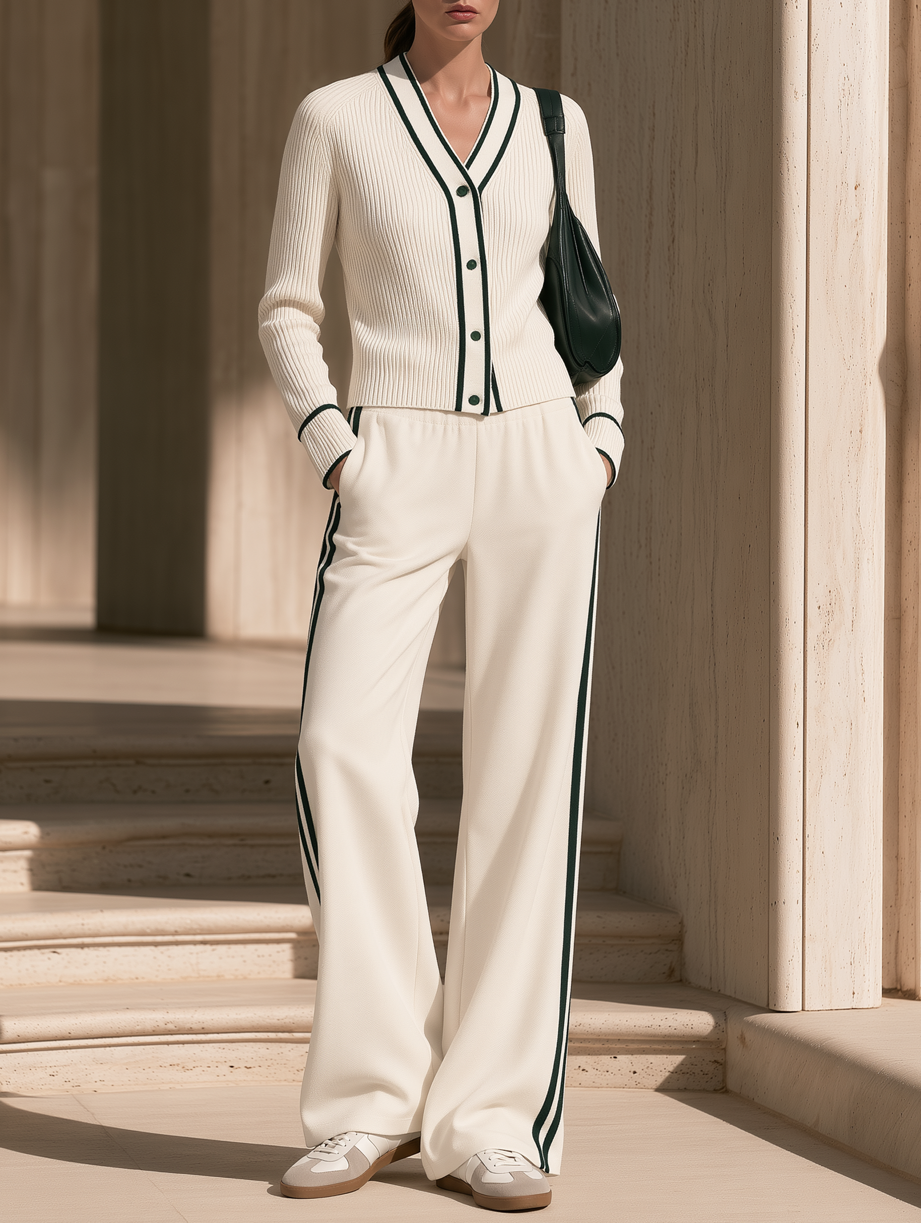 Beige Color-block Knitted Cardigan And Wide-leg Pants Set