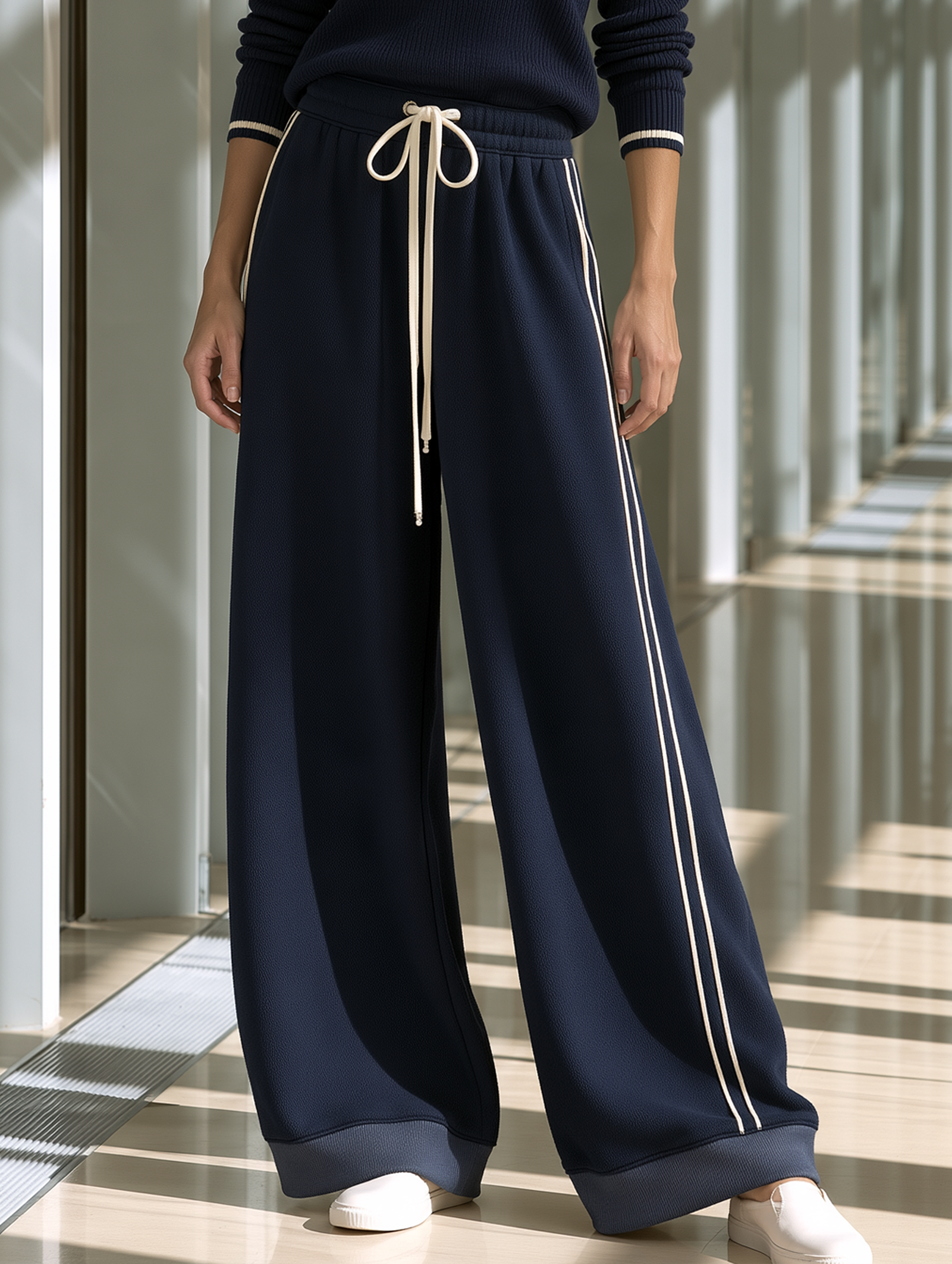 Navy Blue Wide-leg Sweatpants With Contrast-color Drawstrings