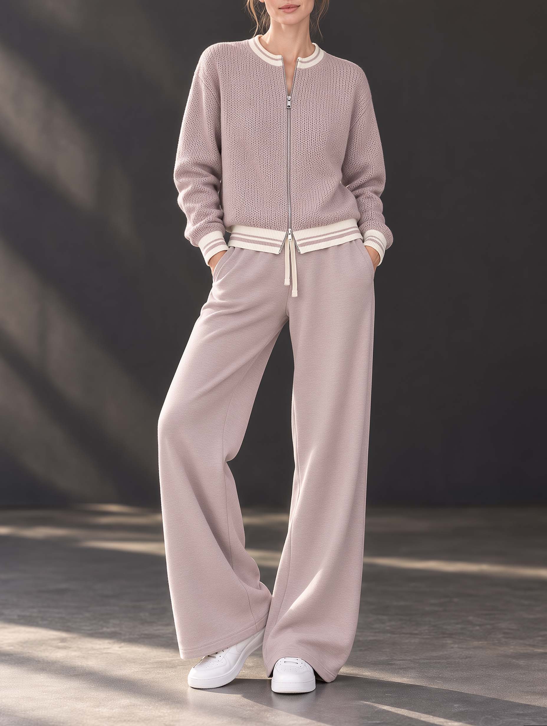 Stylish Casual Set Featuring A Grey-pink Crew-neck Long-sleeve Sweater And Solid-colored Wide-leg Trousers