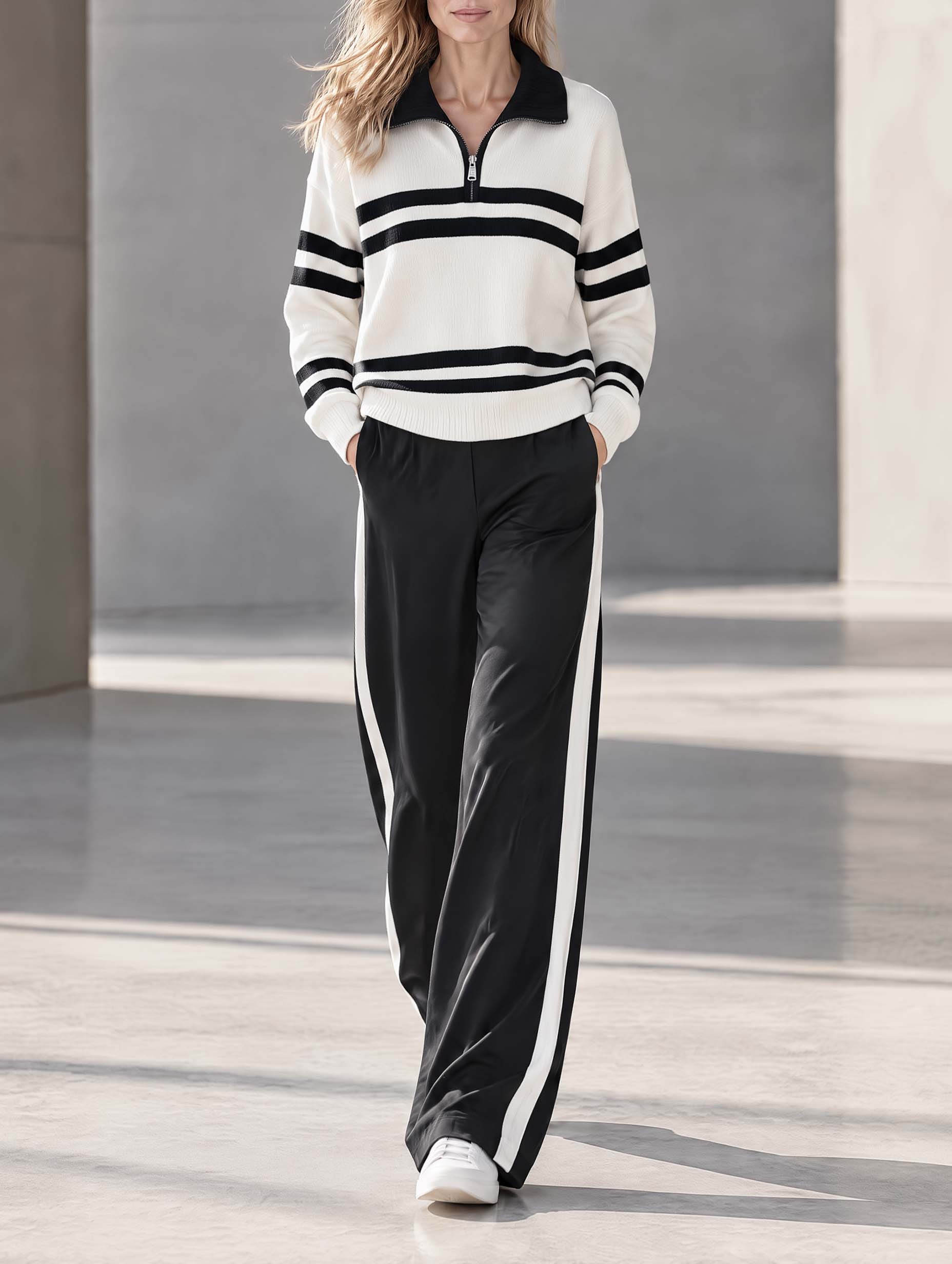Versatile Black And White Striped Long-Sleeve Sweater And Trousers Set With Fold-Over Collar