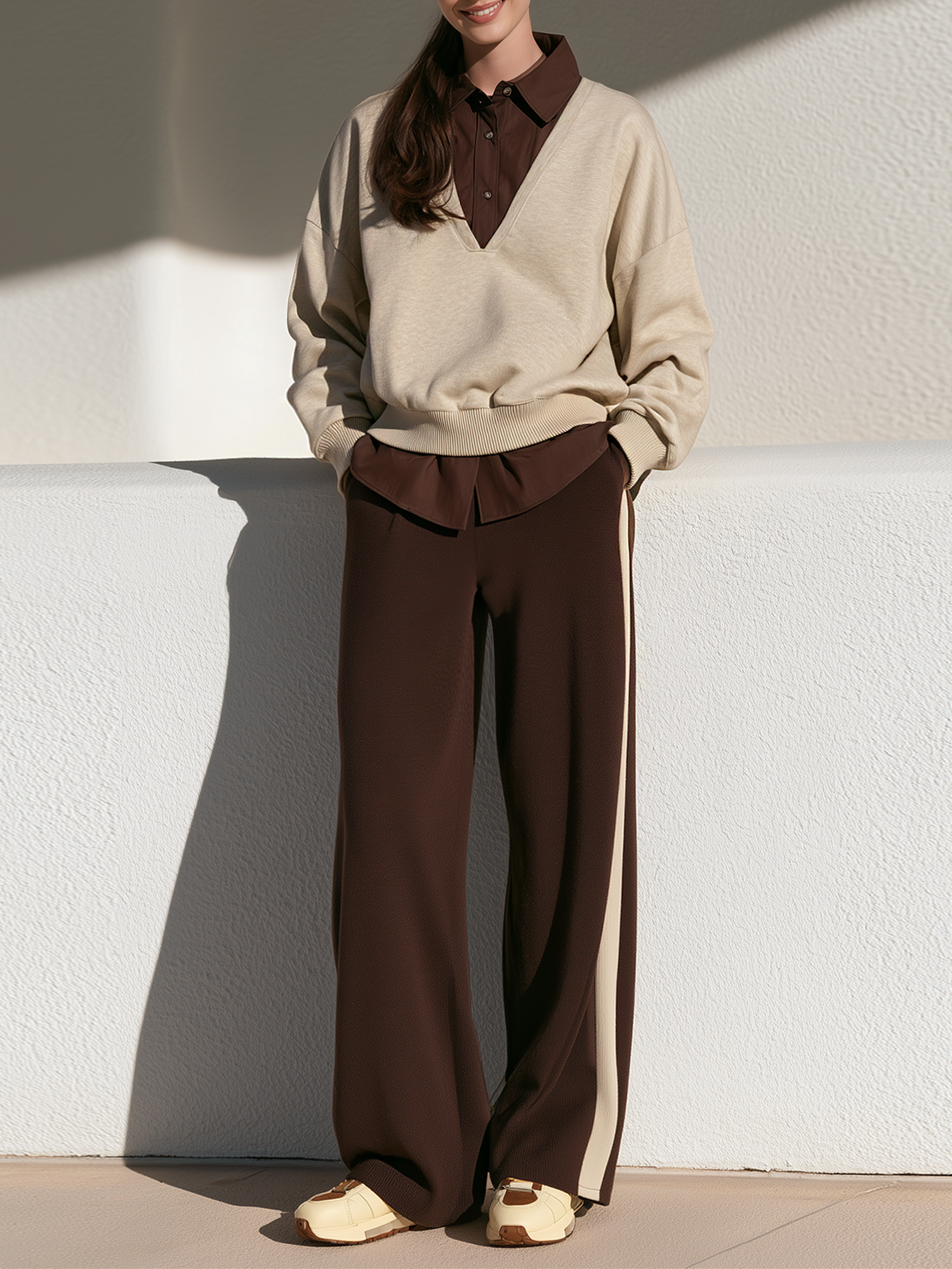 Oatmeal And Brown Patchwork Mock Two‑Piece Top And Wide-leg Trousers Set