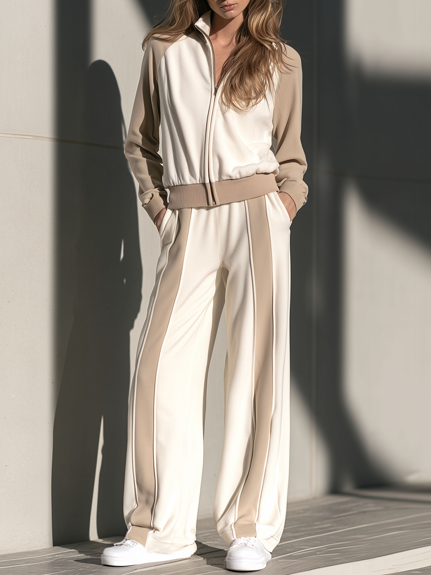 Off-white Colorblock Zip-up Jacket And Striped Wide-leg Trousers Set