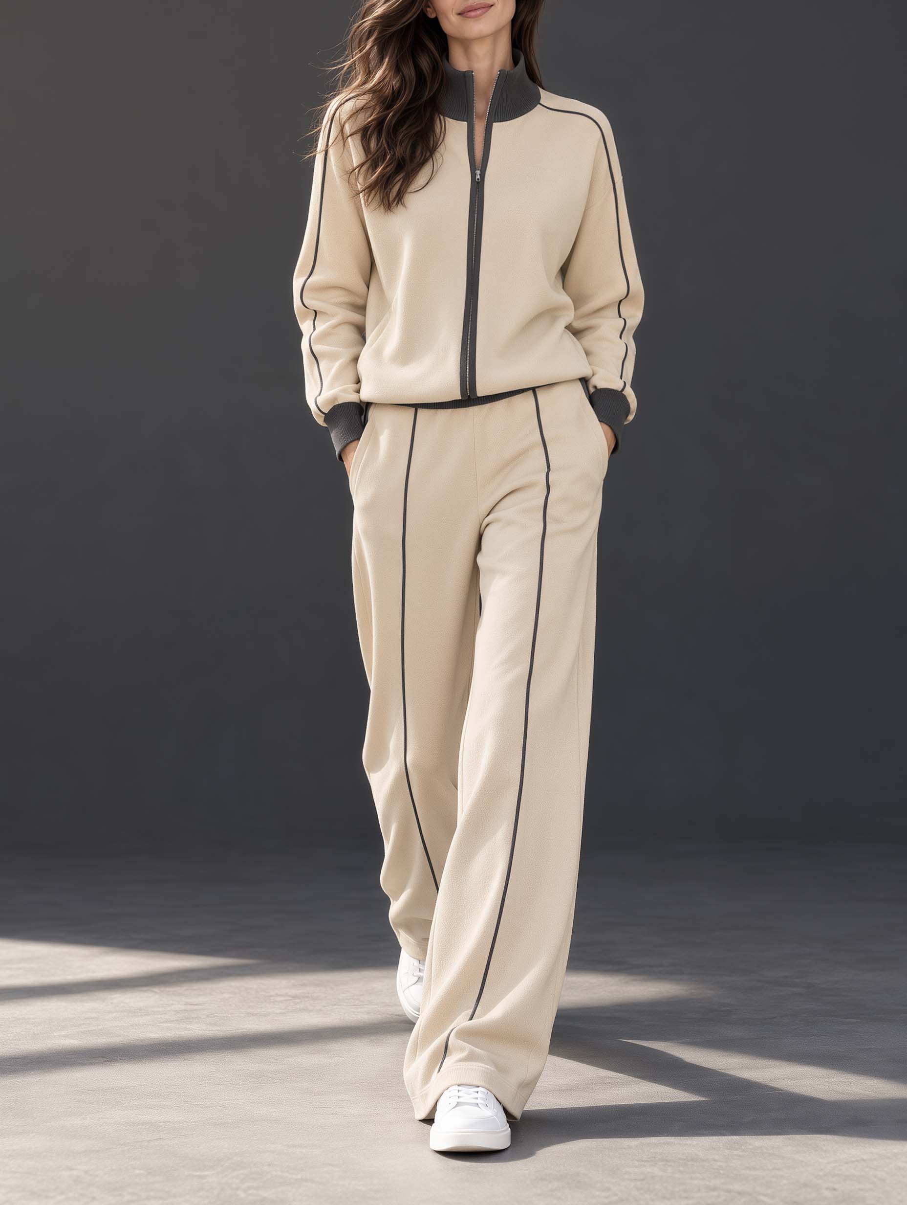 Chic And Casual Beige And Gray Color-block Long-sleeve Top And Wide-leg Trousers Set