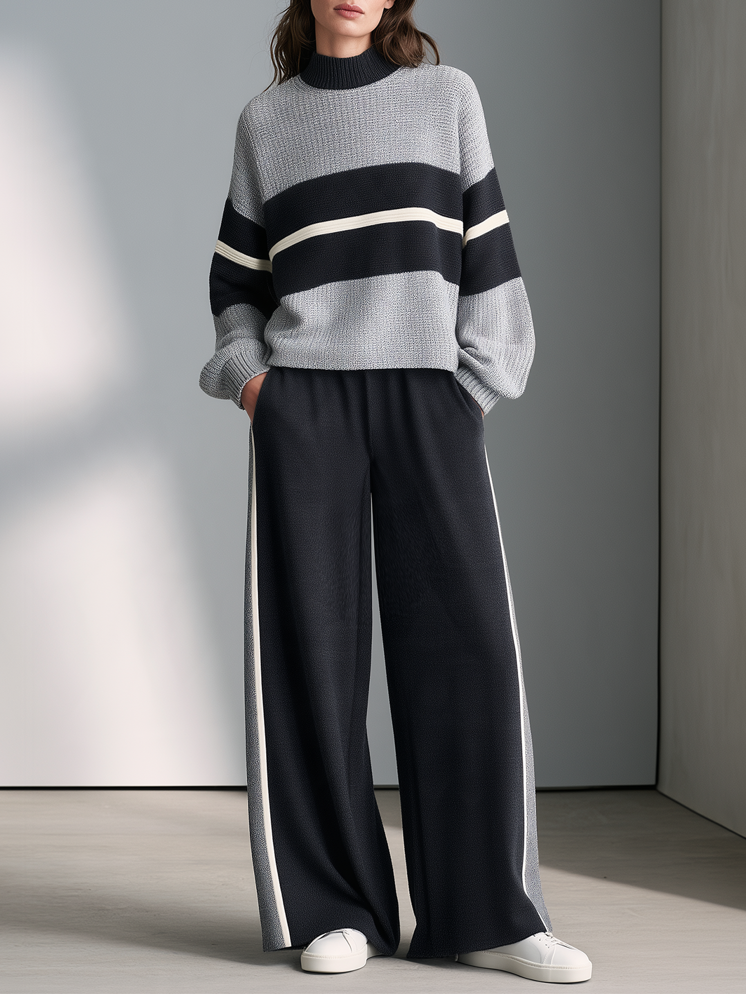 Light Gray Color-block Striped Mock-neck Sweater And Side-stripe Wide-leg Pants Set