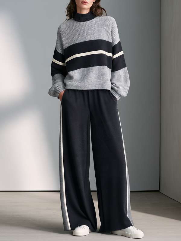 Light Gray Color-block Striped Mock-neck Sweater And Side-stripe Wide-leg Pants Set