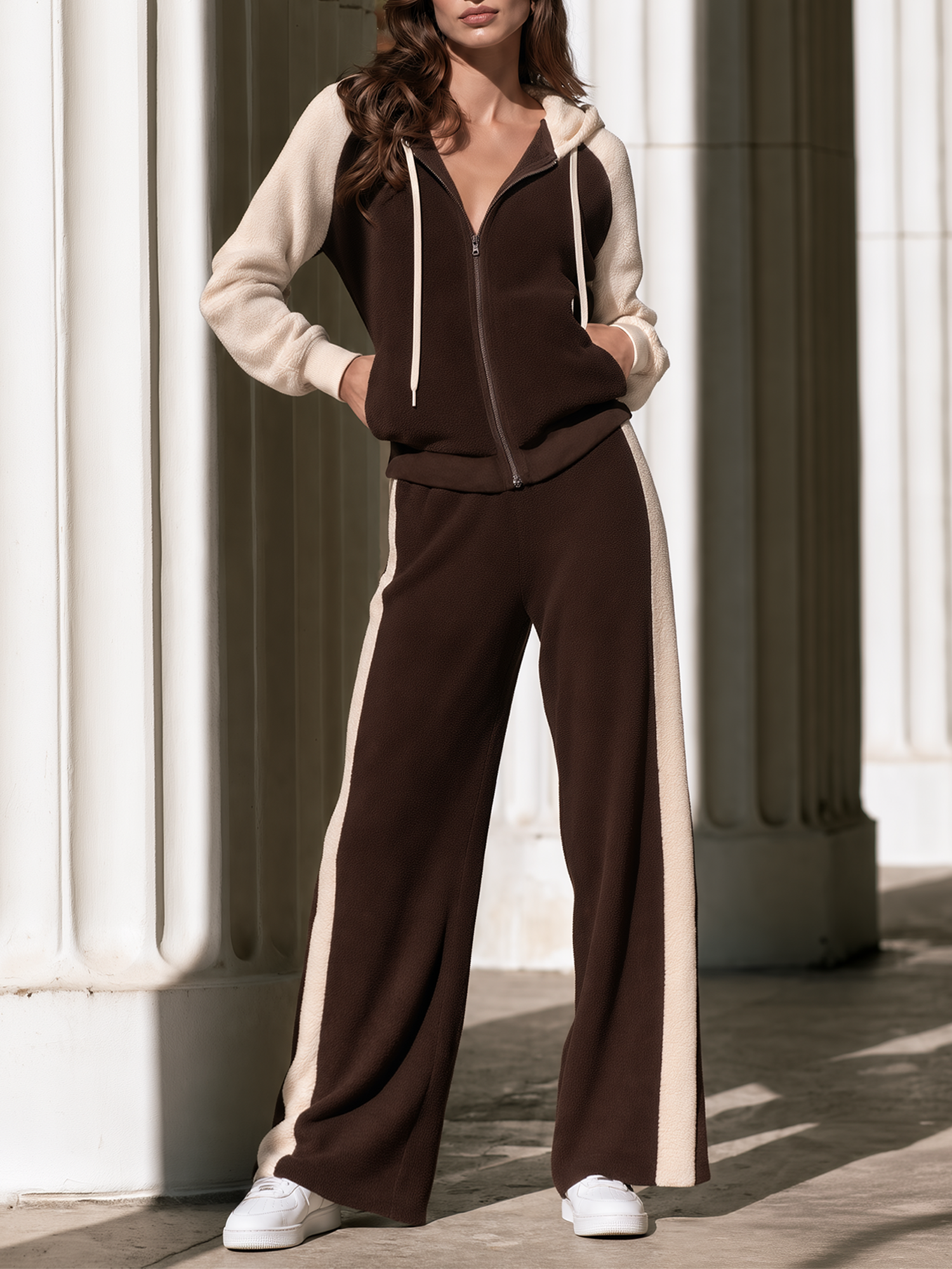 Brown Color-block Fleece Hooded Zip-up Jacket And Side-stripe Wide-leg Pants Set