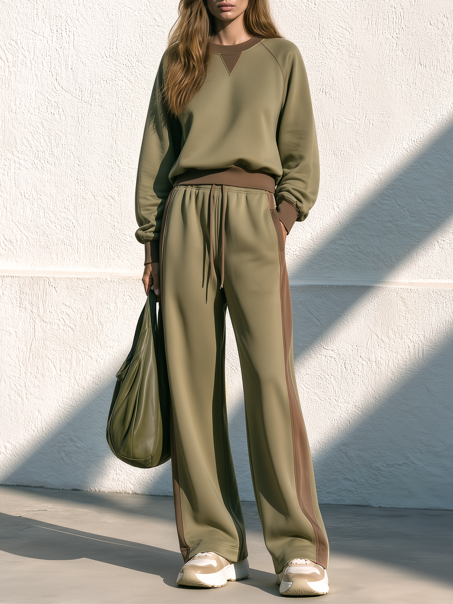 Olive Green Raglan-sleeve Colorblock Sweatshirt And Side-stripe Wide-leg Pants Casual Set