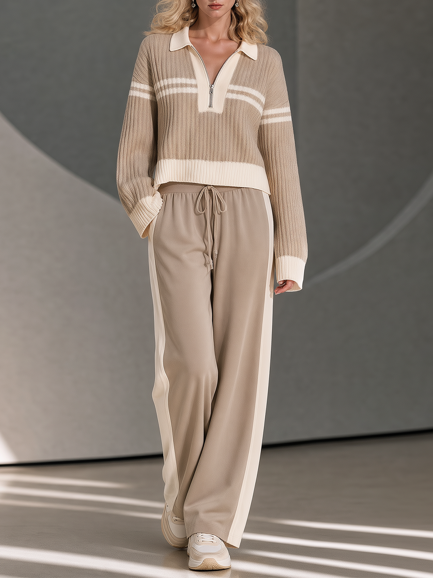 Beige Colorblock Half-zip Collared Sweater And Wide-leg Trousers Casual Set
