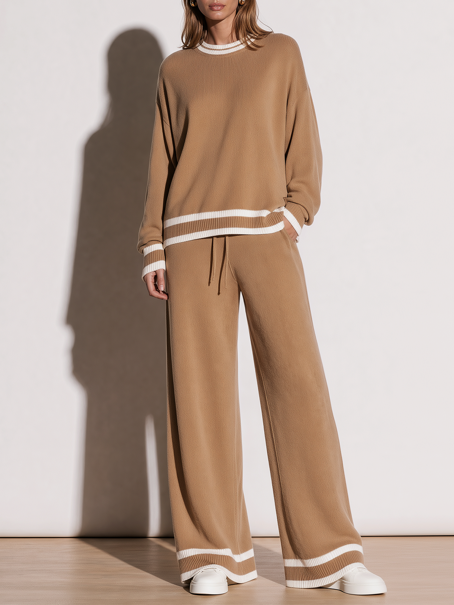 Camel-toned Color-block Striped Loose Sweater And Drawstring Wide-leg Pants Set