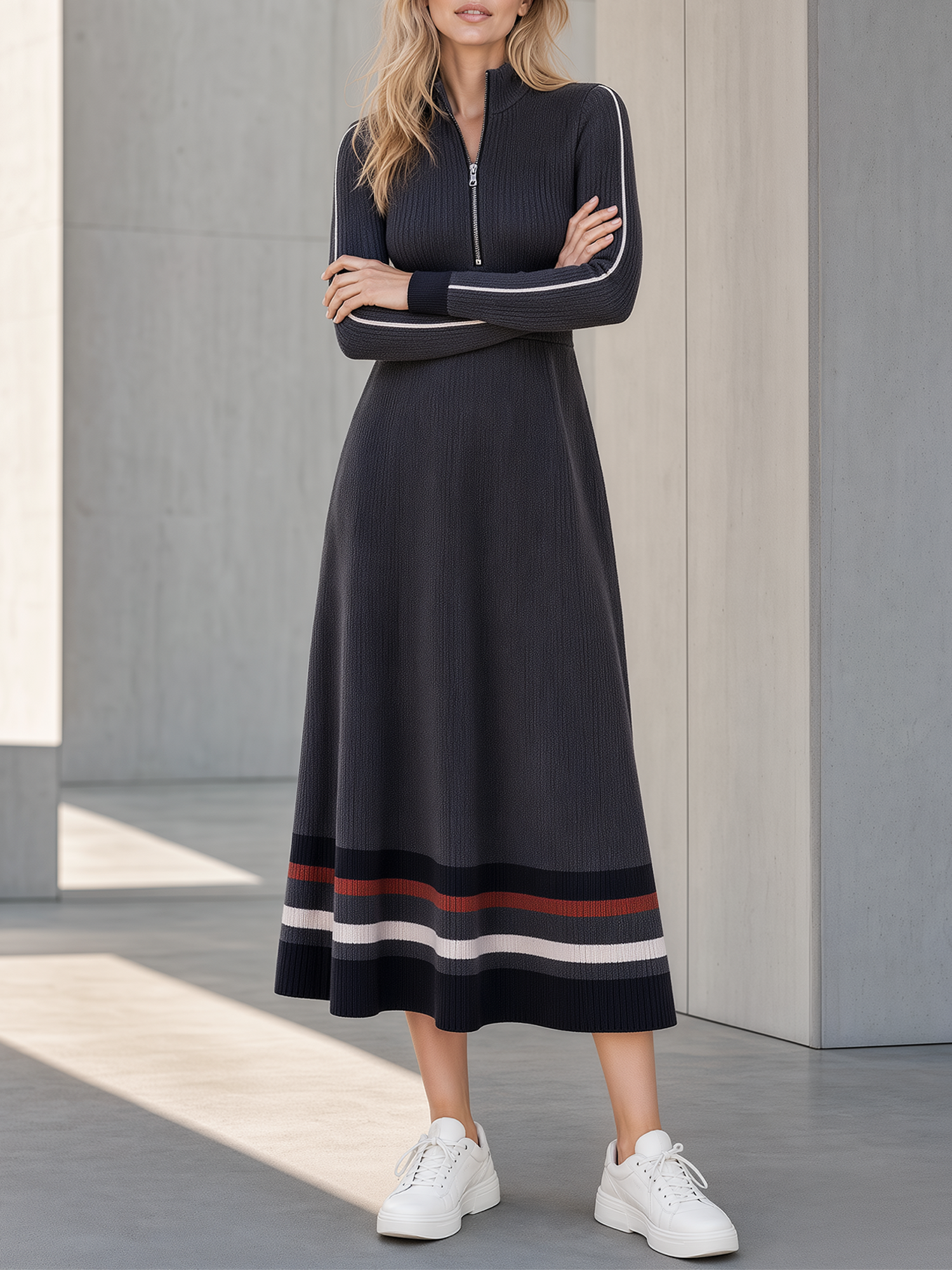 Dark Gray Color-block Long-sleeved Knitted Maxi Dress With A Half-zip