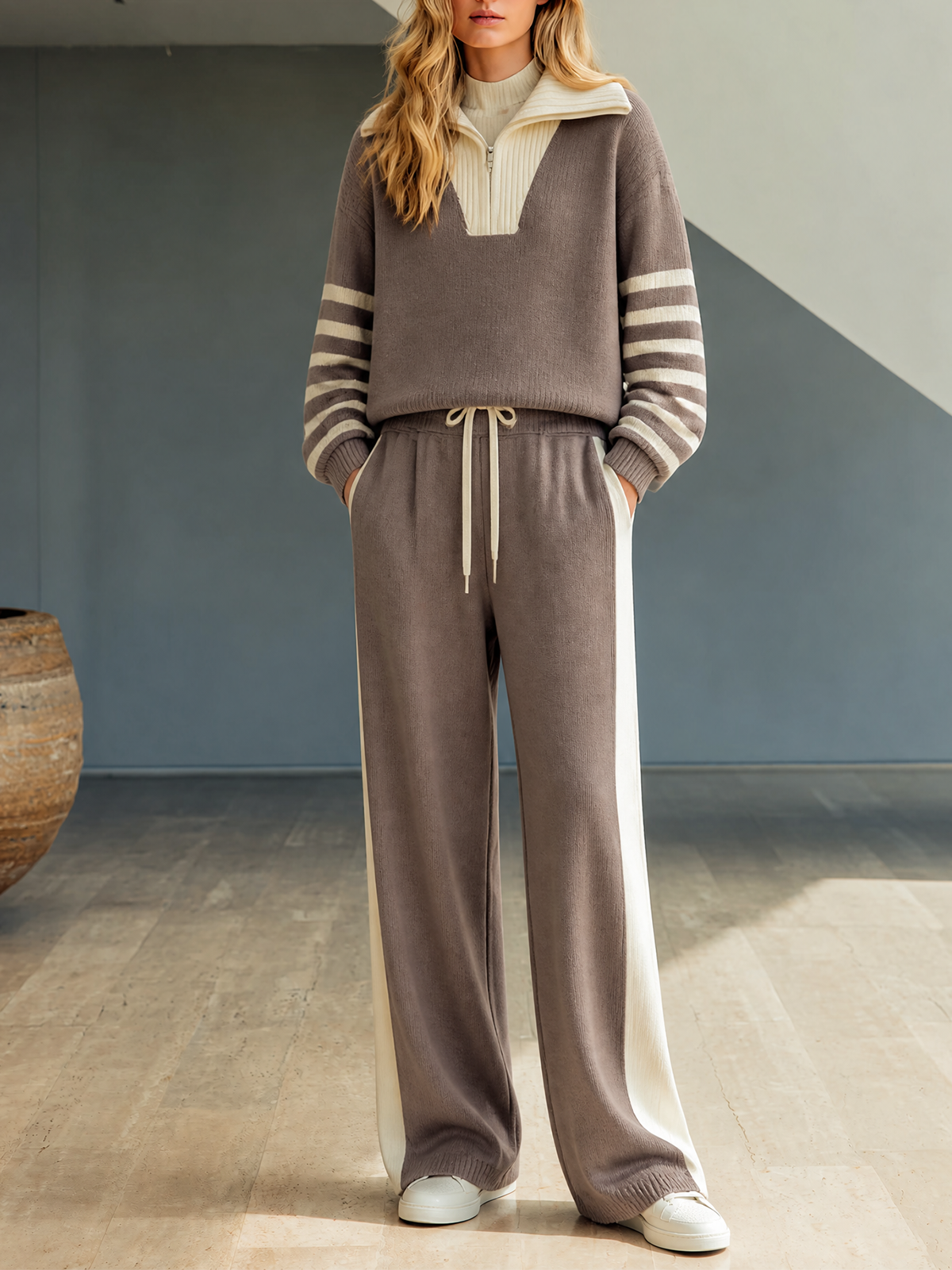 Taupe Lapel Collar Half Zip Contrast Stripe Sweater Wide Leg Pants Knit Two Piece Set