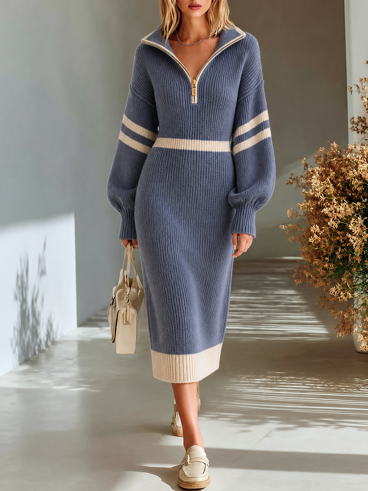 Dusty Blue Half-Zip Contrast Stripe Lantern-sleeve Loose-Fit Knit Midi Dress