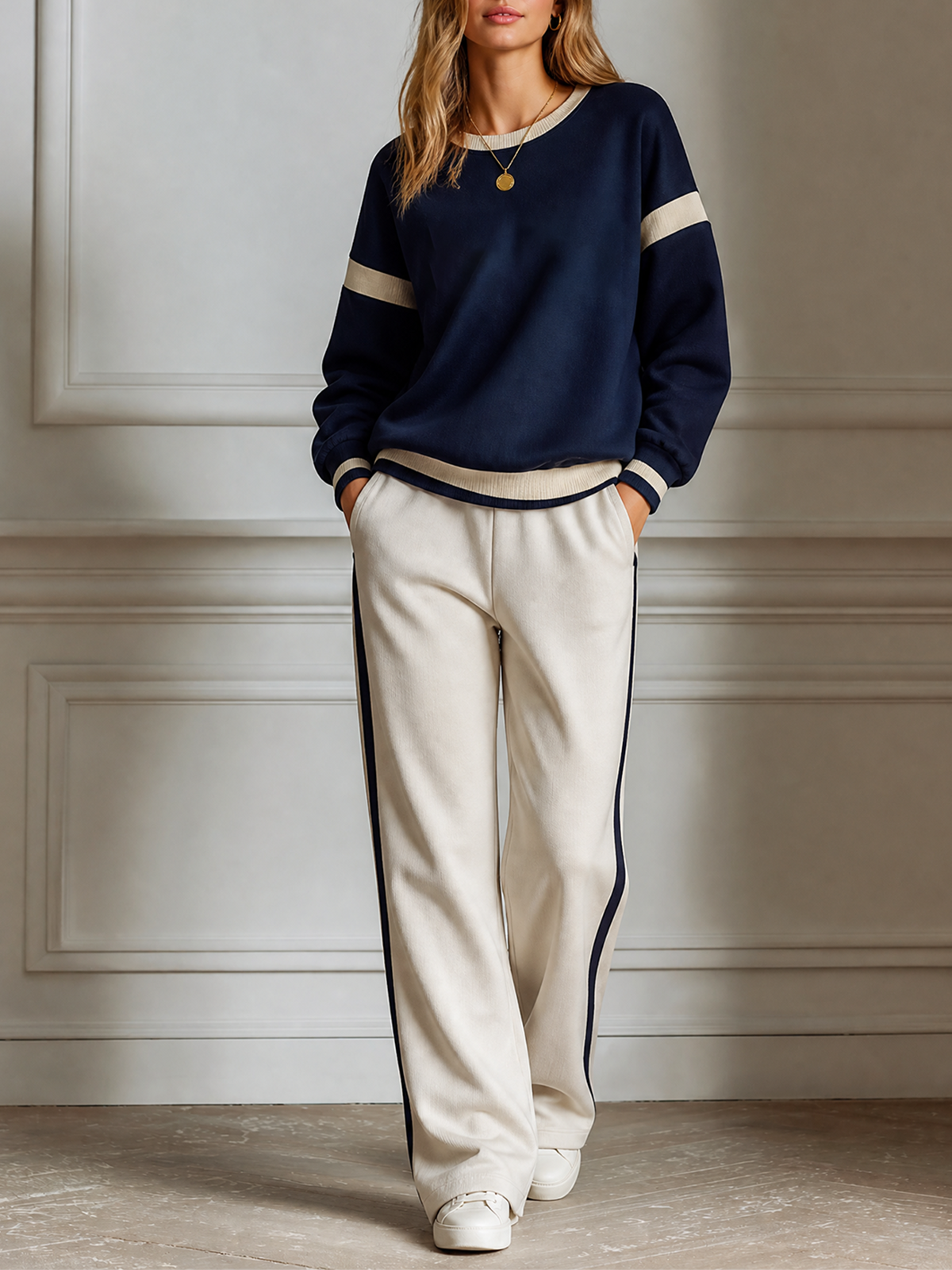 Navy Blue Crew Neck Contrast Stripe Sweatshirt Wide Leg Pants Two Piece Set