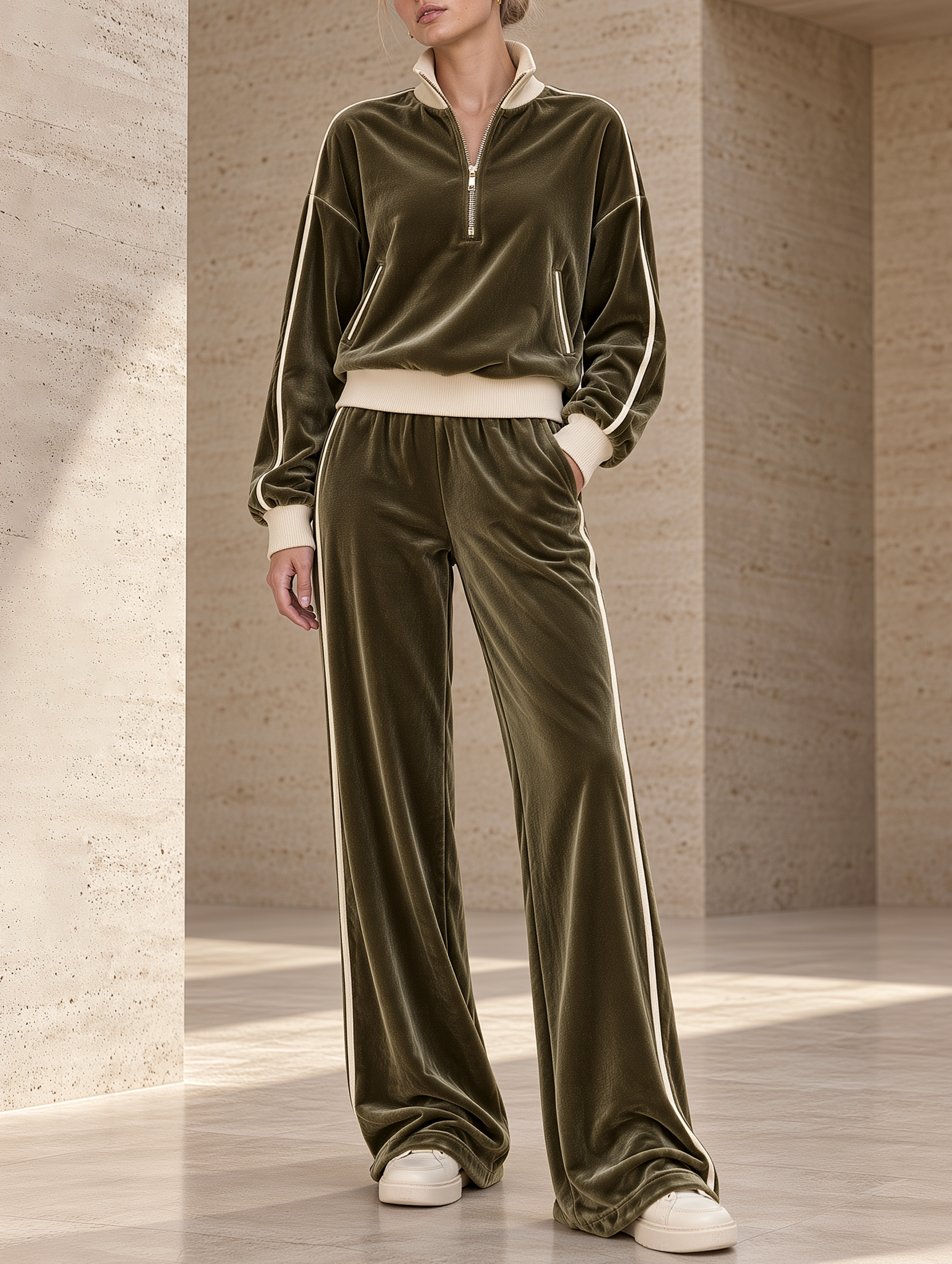 Olive Green Velvet Half-zip Top And Wide-leg Pants Set