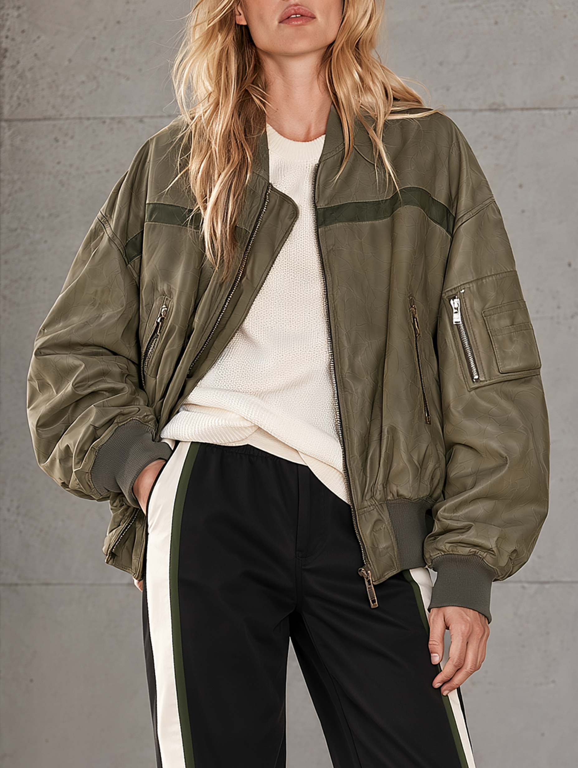 Vintage Military-Green Utility-Style Baseball PU Jacket