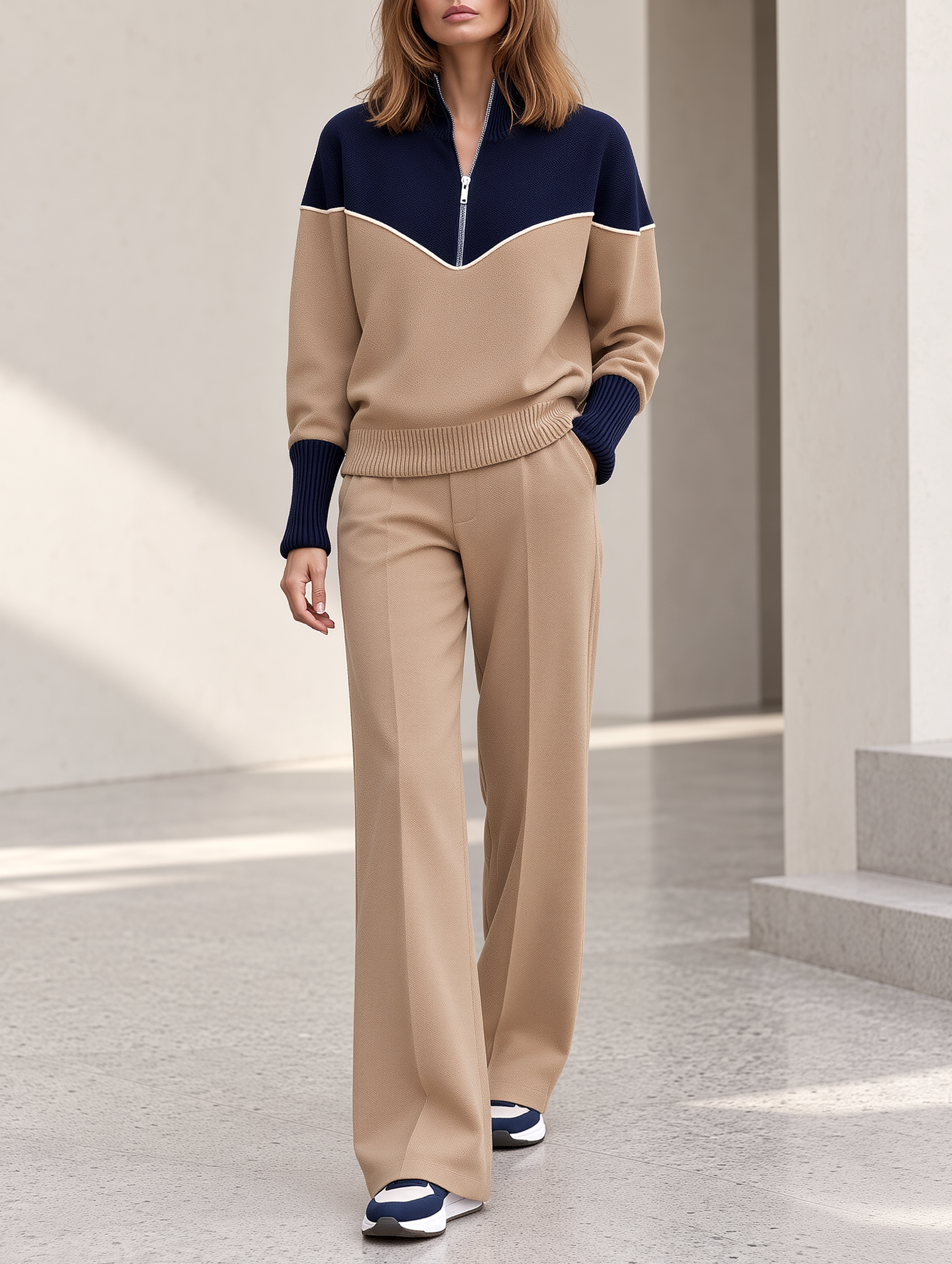 Light Brown Color-Block Half-Zip Top And Wide-Leg Pants Set