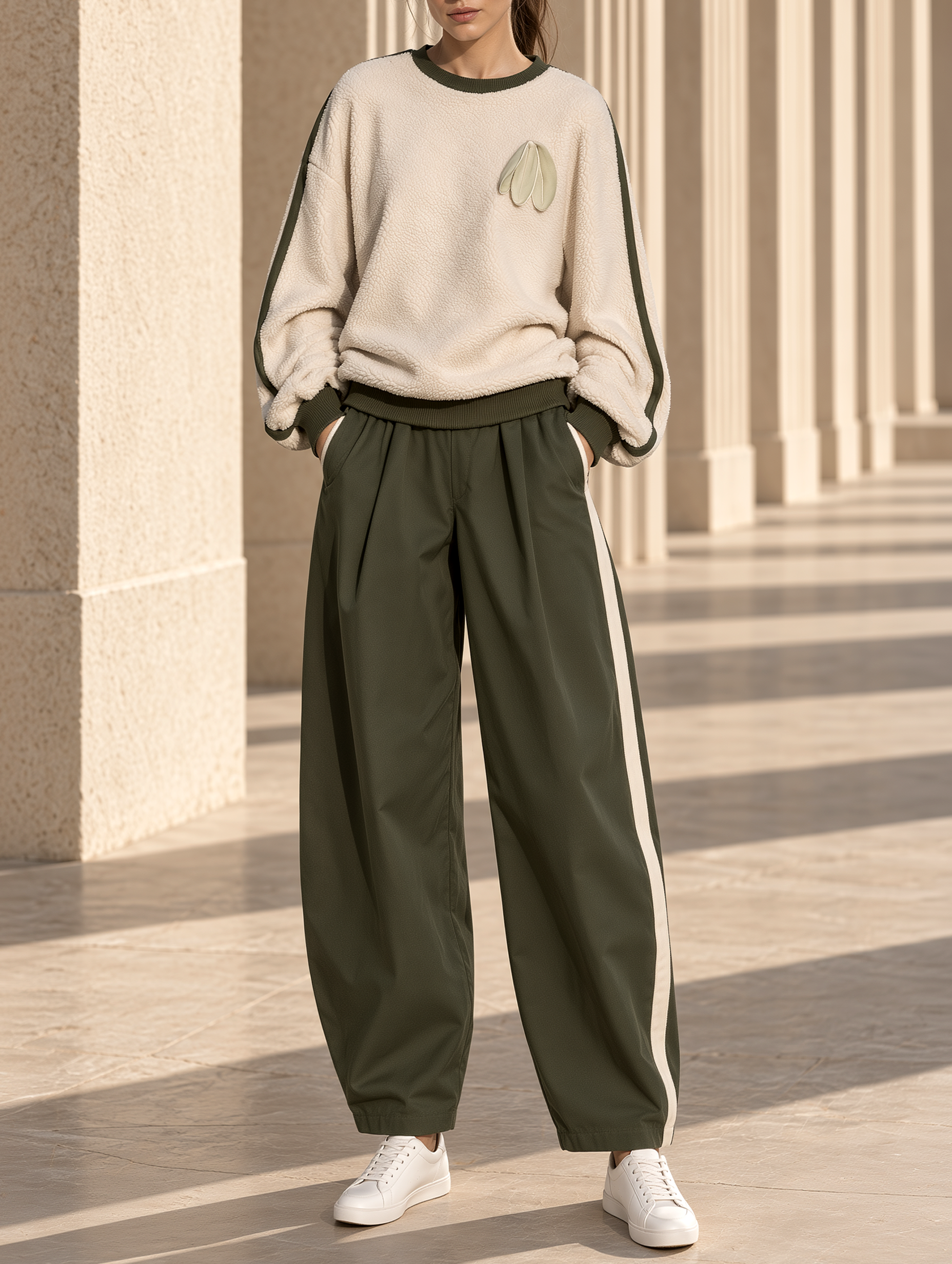 Sherpa Fleece 3D Floral Sweatshirt And Wide-Leg Cargo Pants Set