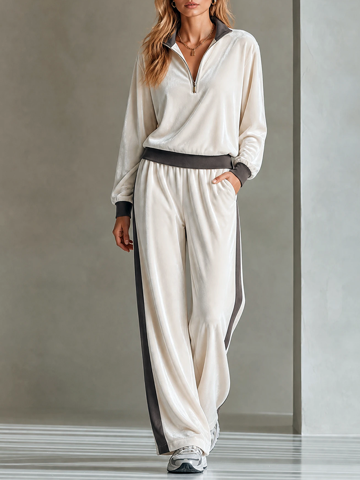 Cream Stand Collar Half Zip Color Block Velvet Sweatshirt Wide Leg Pants Two Piece Set