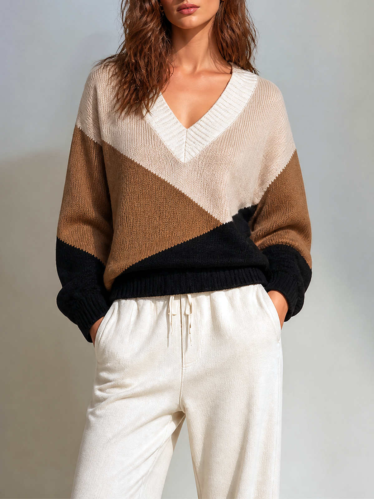 Brown-Black V-Neck Geometric Color Block Long-Sleeve Loose-Fit Knit Sweater