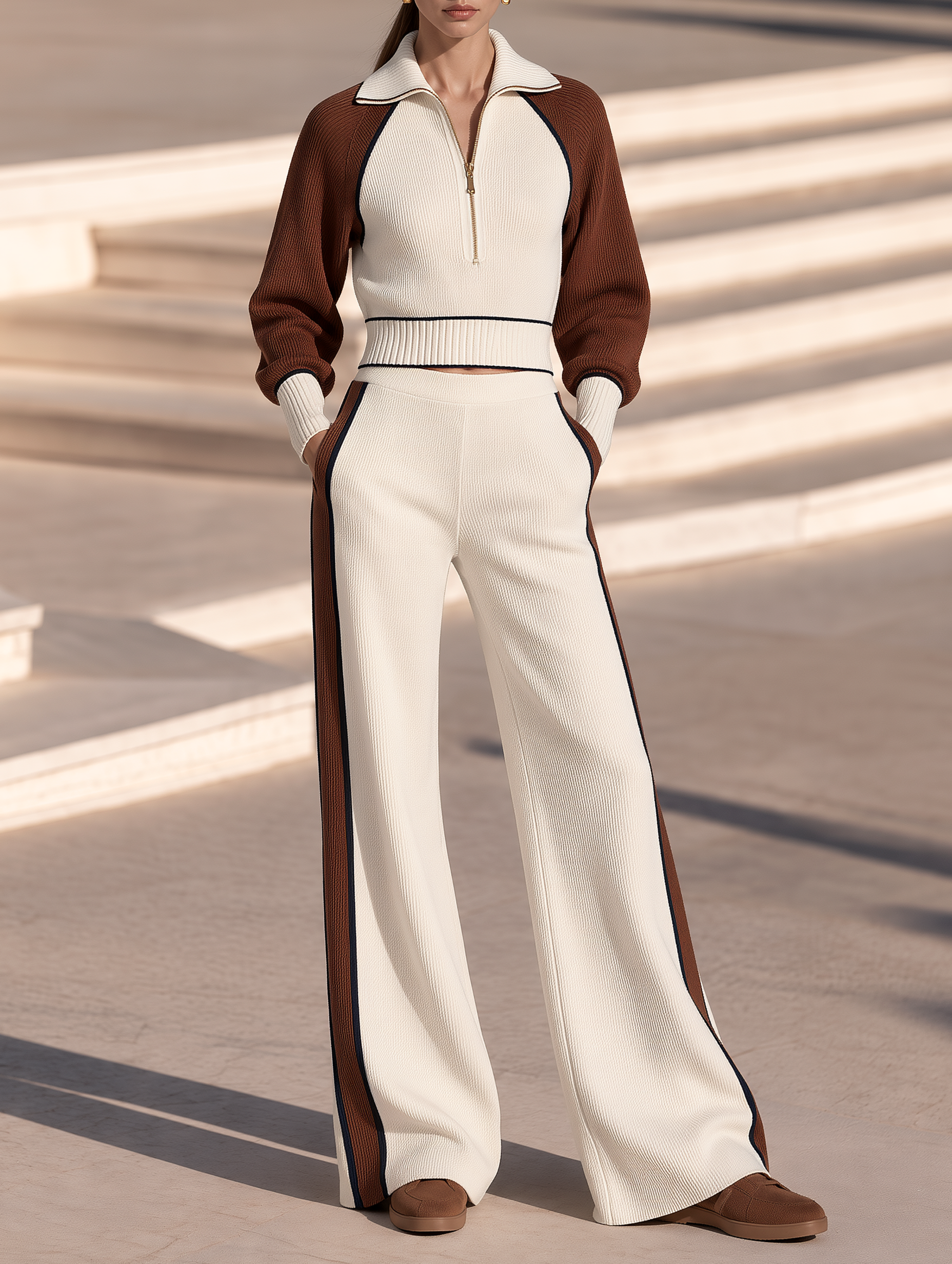 Color-block Collared Half-zip Knit Top And Wide-leg Pants Set