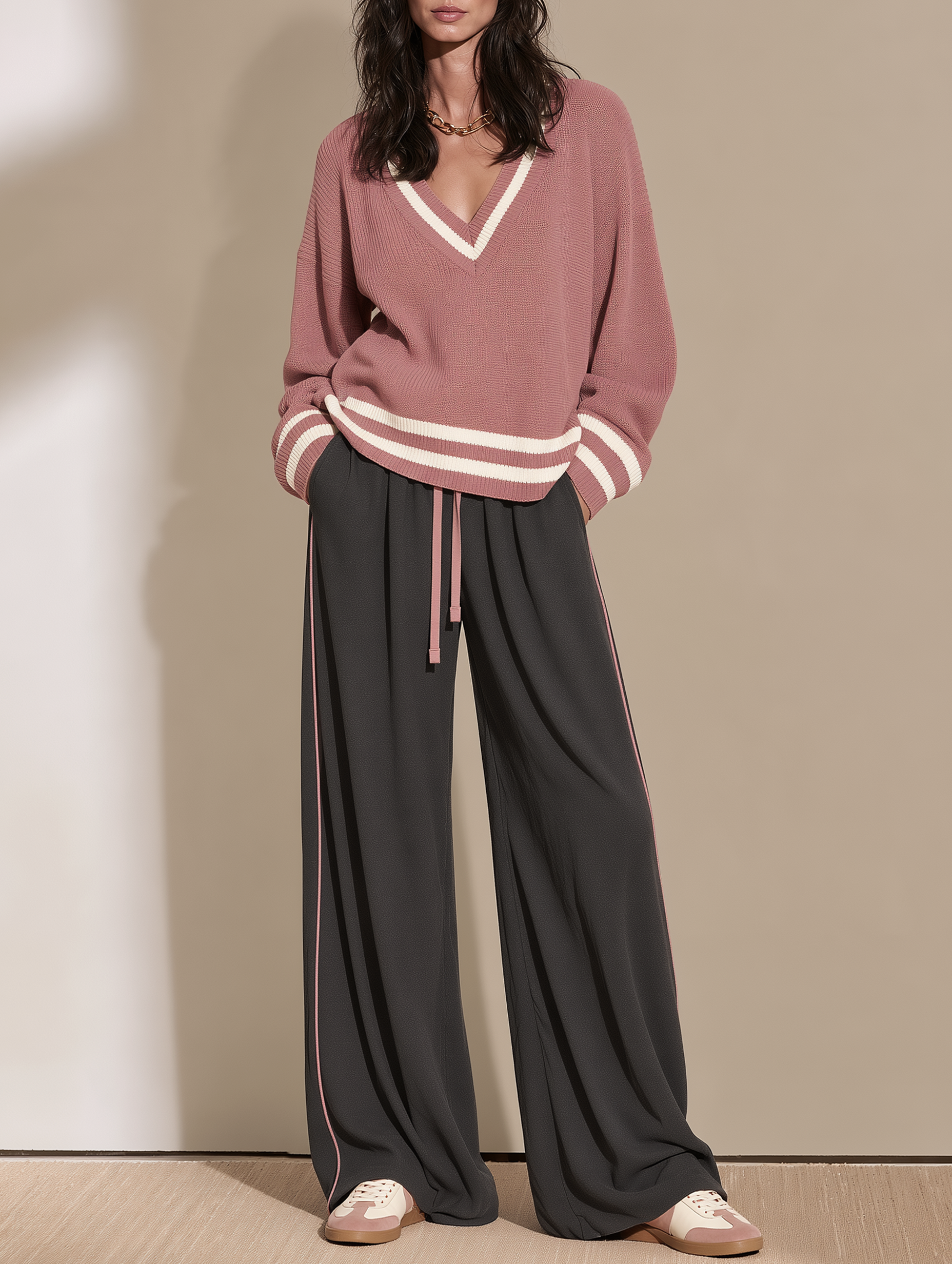 Dusty Pink V-neck Sweater And Dark Gray Wide-leg Trousers Set