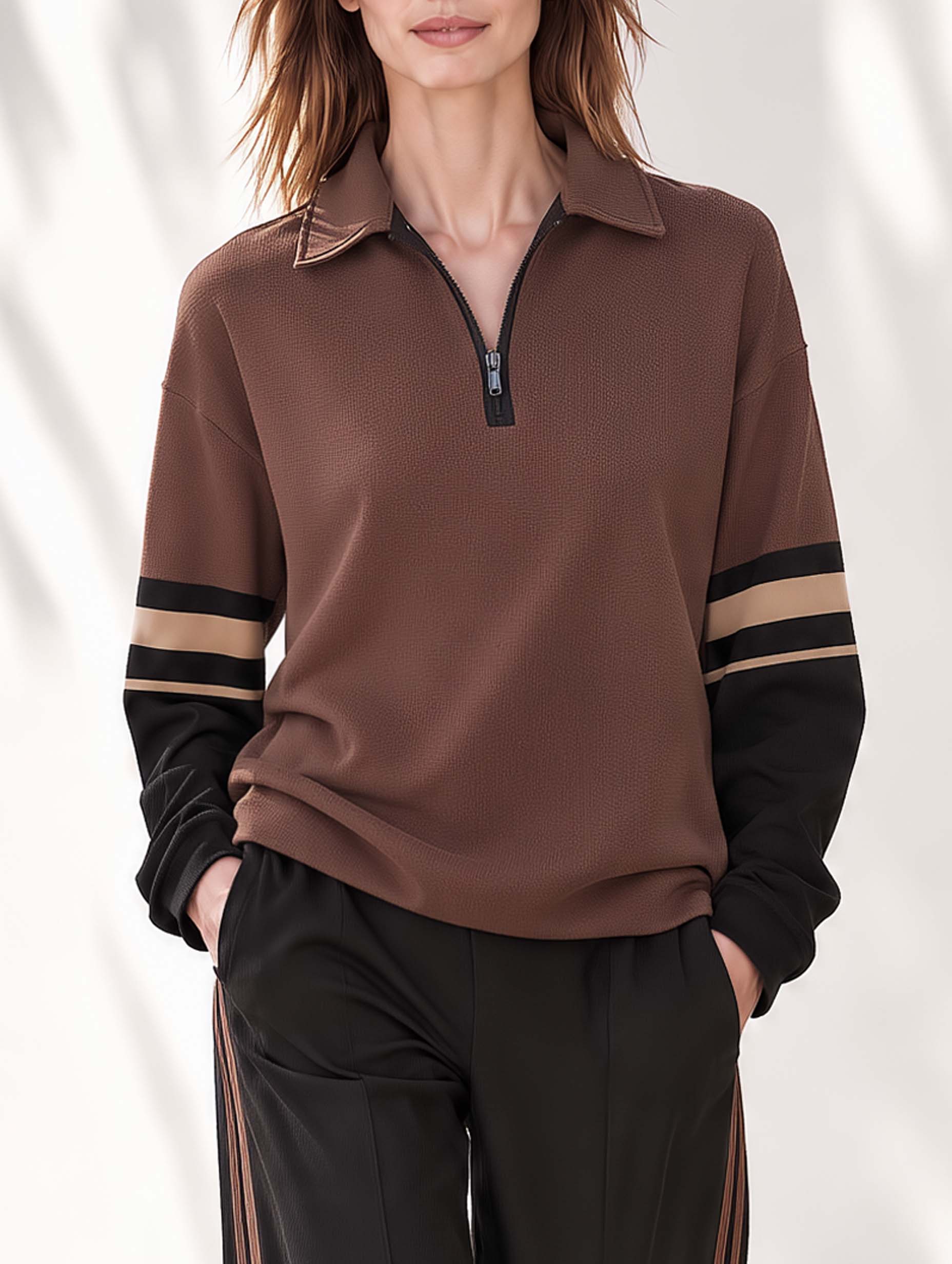 Black And Brown Colorblock Long-sleeve Top With A Half-zip Collar