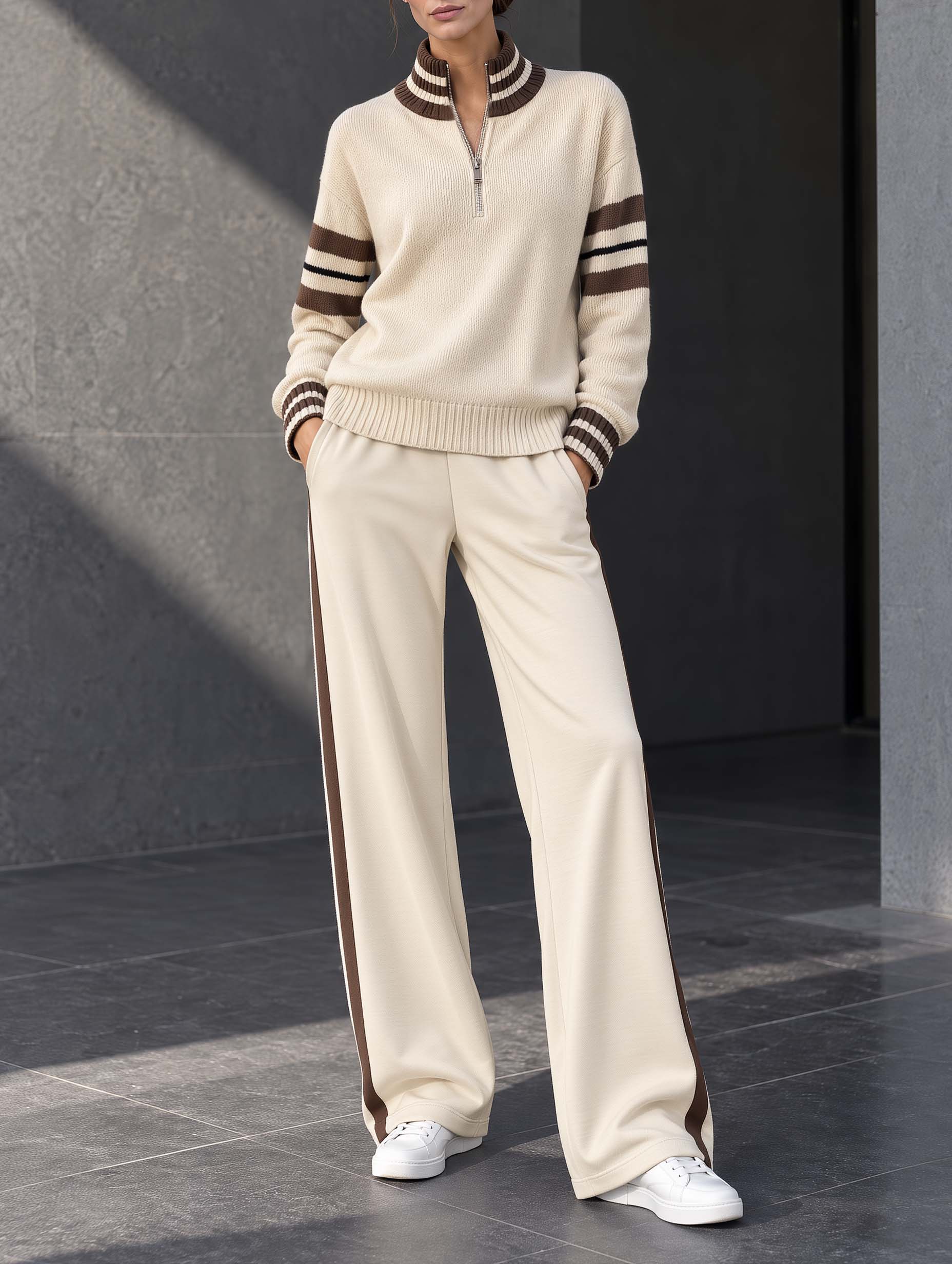 Beige Colorblock Long-sleeve Half-zip Sweater And Wide-leg Trousers Set