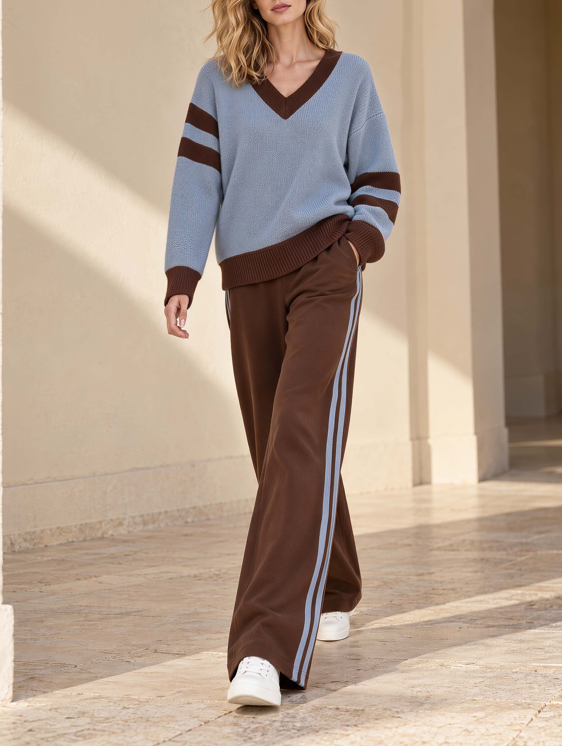 Blue And Brown Color-block V-neck Long-sleeve Sweater And Trousers Set