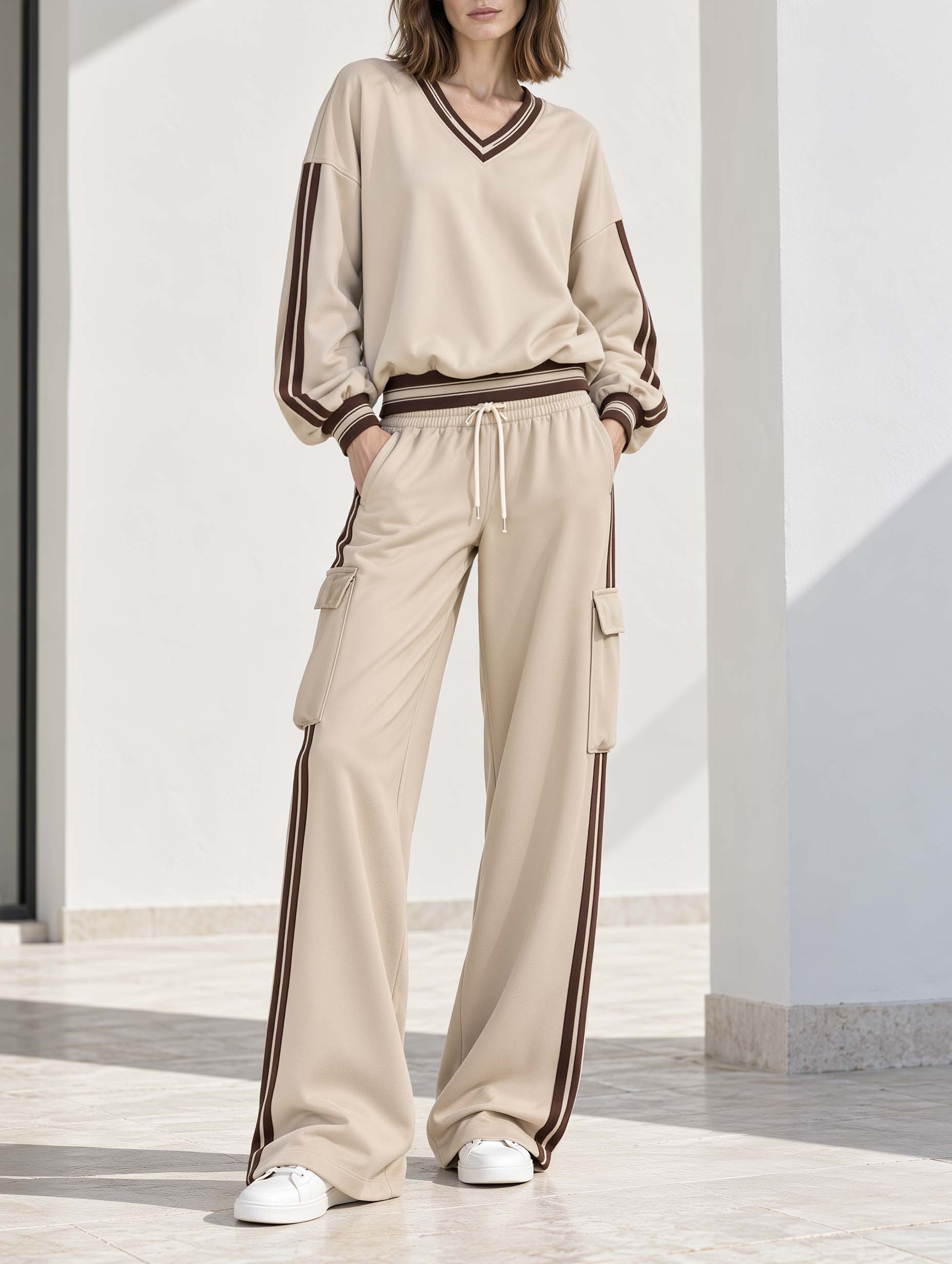 Khaki V-neck Color-block Long-sleeve Top And Utility-style Wide-leg Pants Set