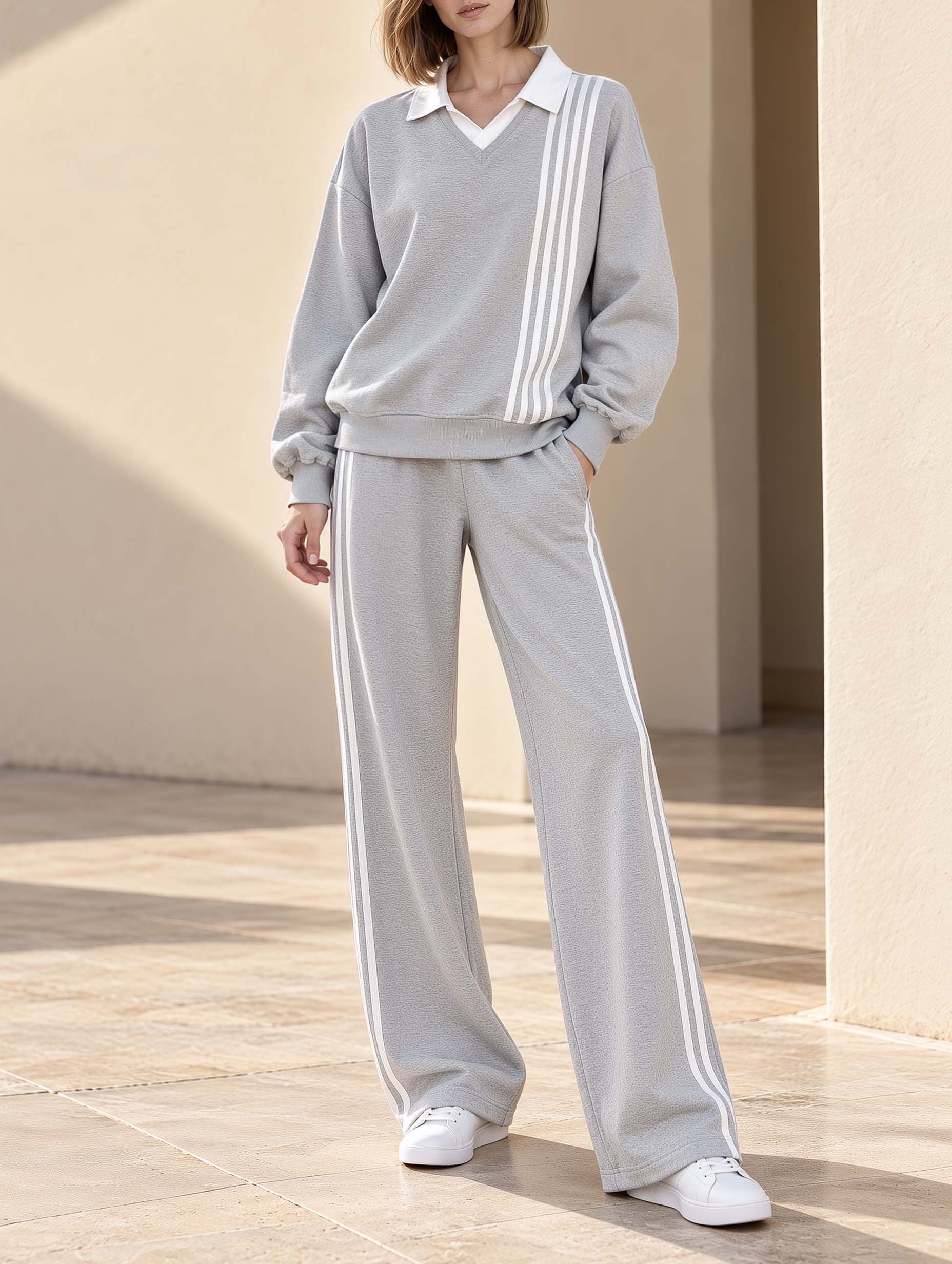 Stylish Casual Grey And White Color-block Long-sleeve Collared Top And Wide-leg Pants Set