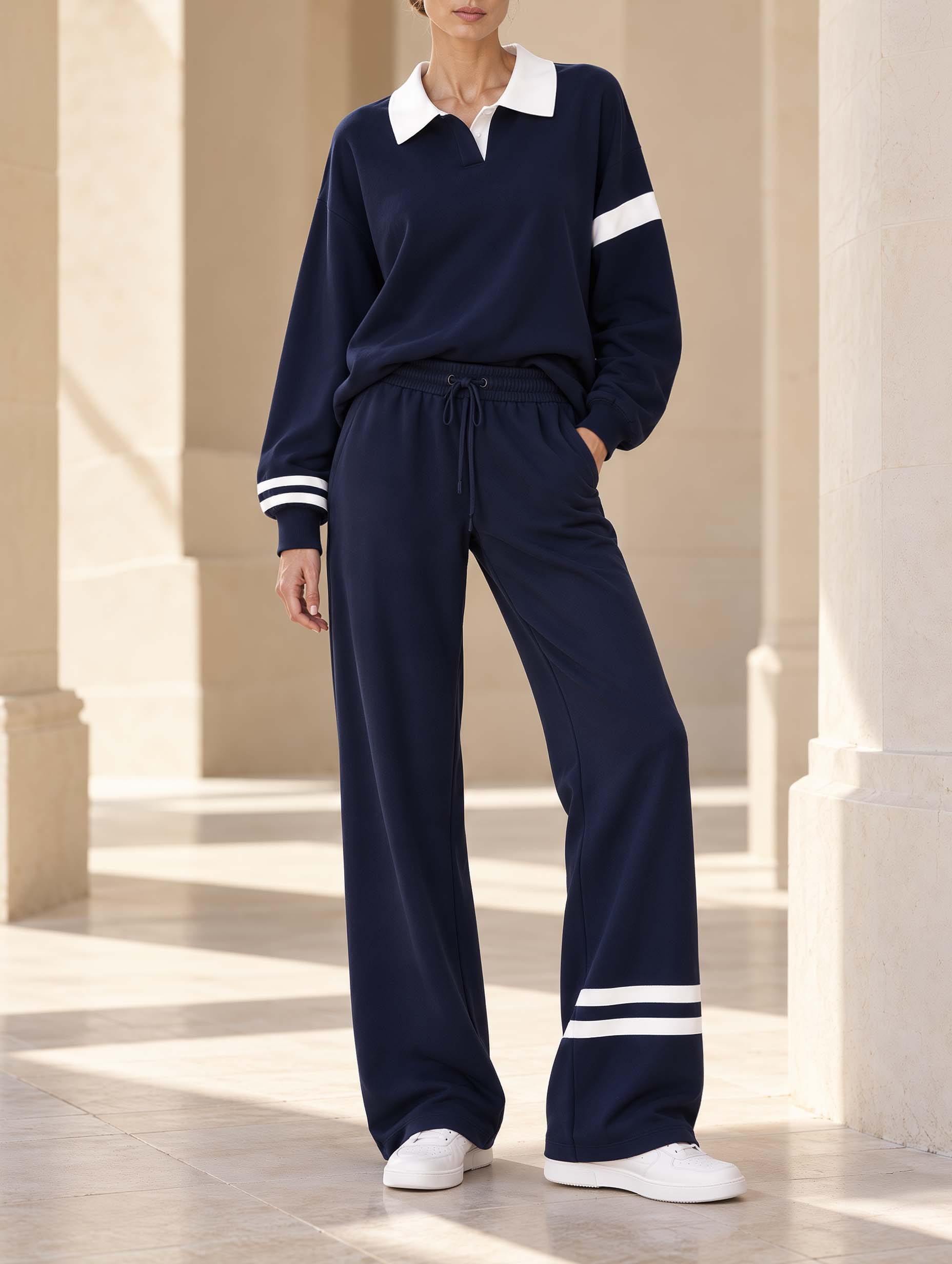 Athleisure-style Navy And White Color-block Long-sleeve Collared Top And Trousers Set