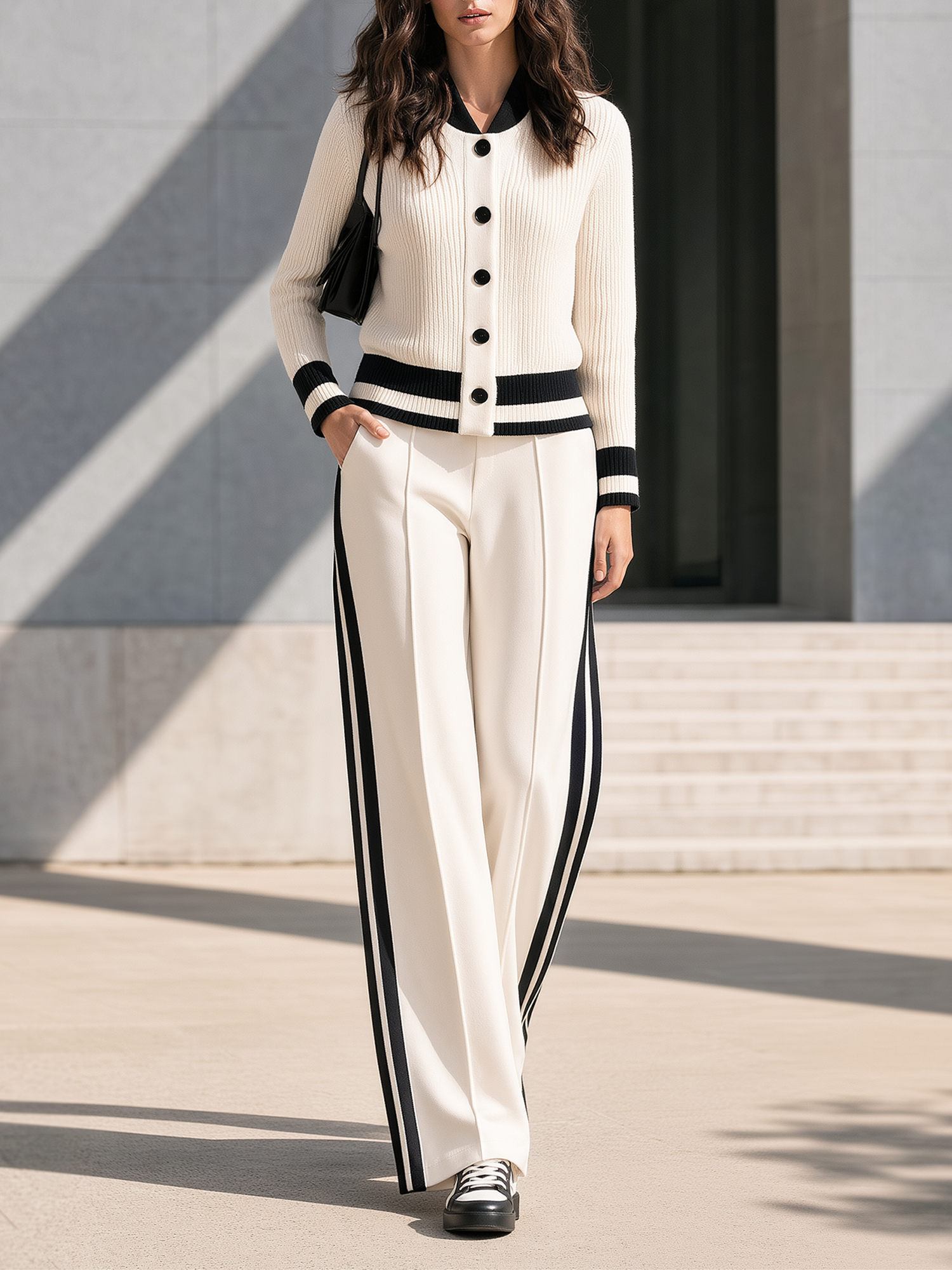 Single-breasted Color-block Knit Cardigan And Side-stripe Wide-leg Pants Set