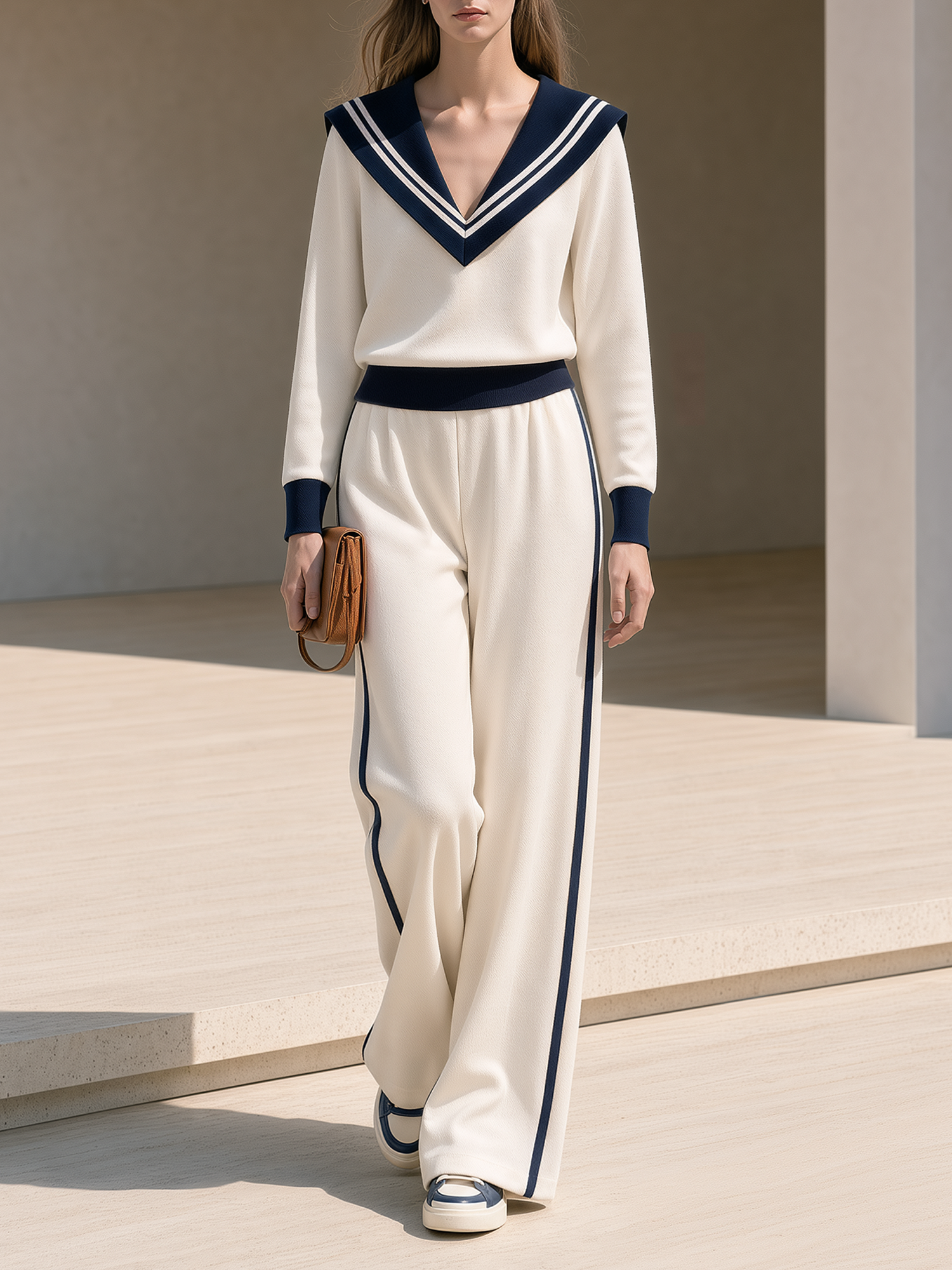 Sailor-collar V-neck Color-block Top And Wide-leg Pants Set