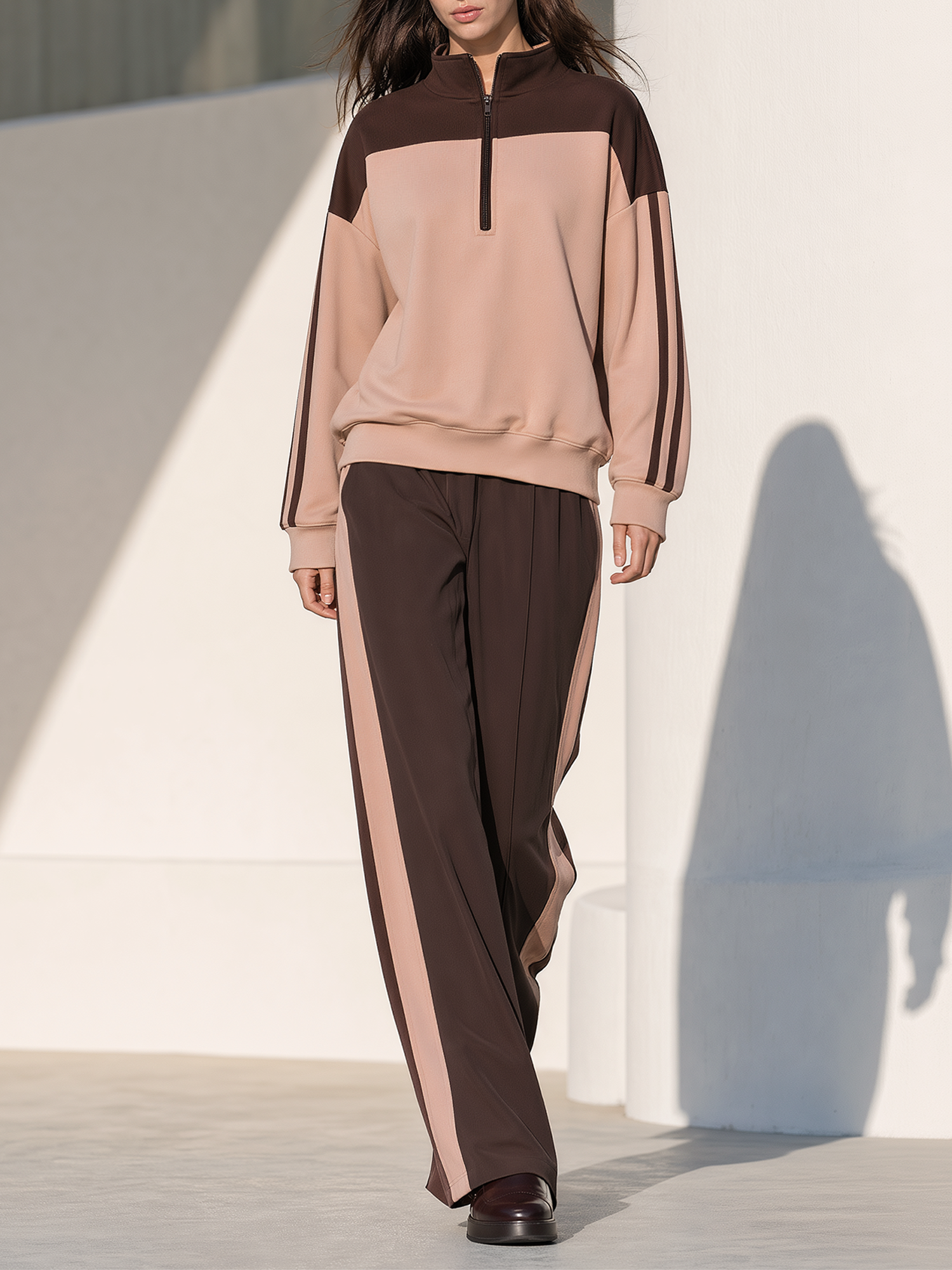 Brownish-red Colorblock Half-zip Sweatshirt And Wide-leg Pants Casual Set