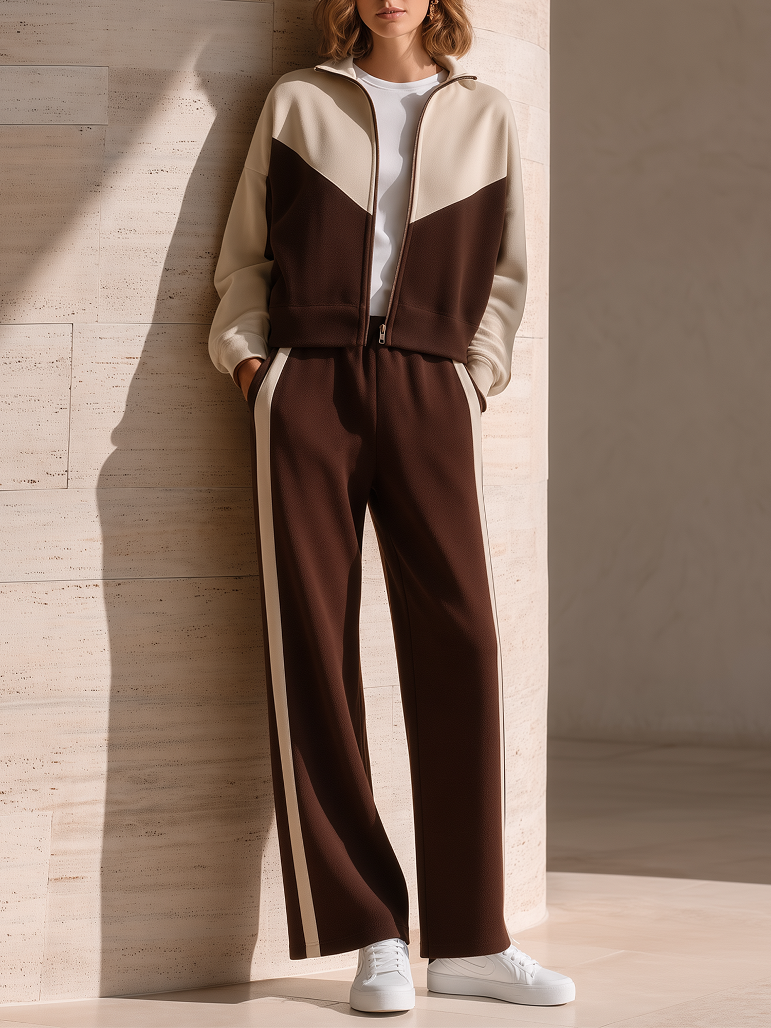Brown Color-block Stand-collar Zip-up Jacket And Trousers Casual Set