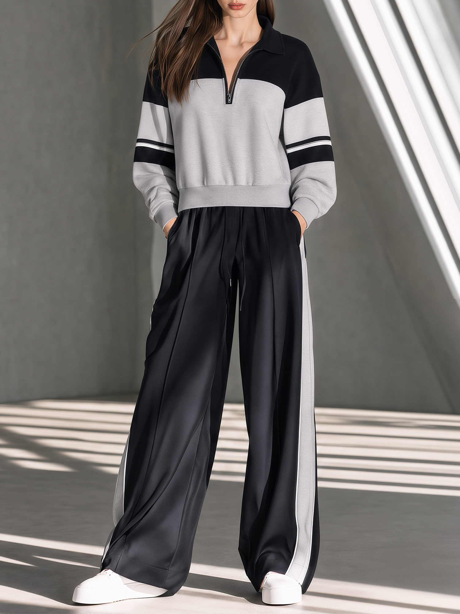 Black And Grey Color-block Half-zip Top And Draped Wide-leg Trousers Set