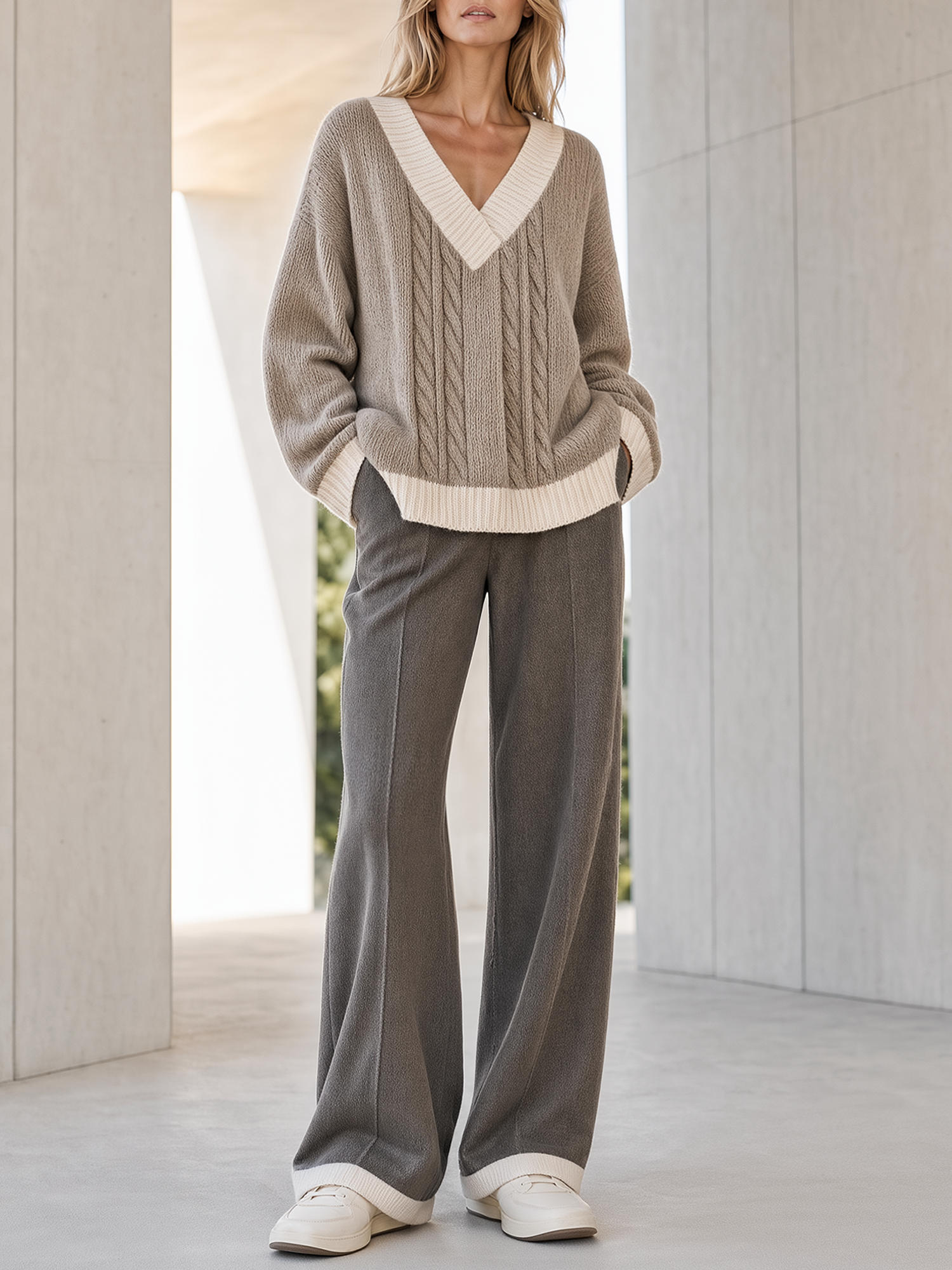 Oatmeal-colored V-neck Cable-knit Sweater With Side Slits And Wide-leg Trousers Set