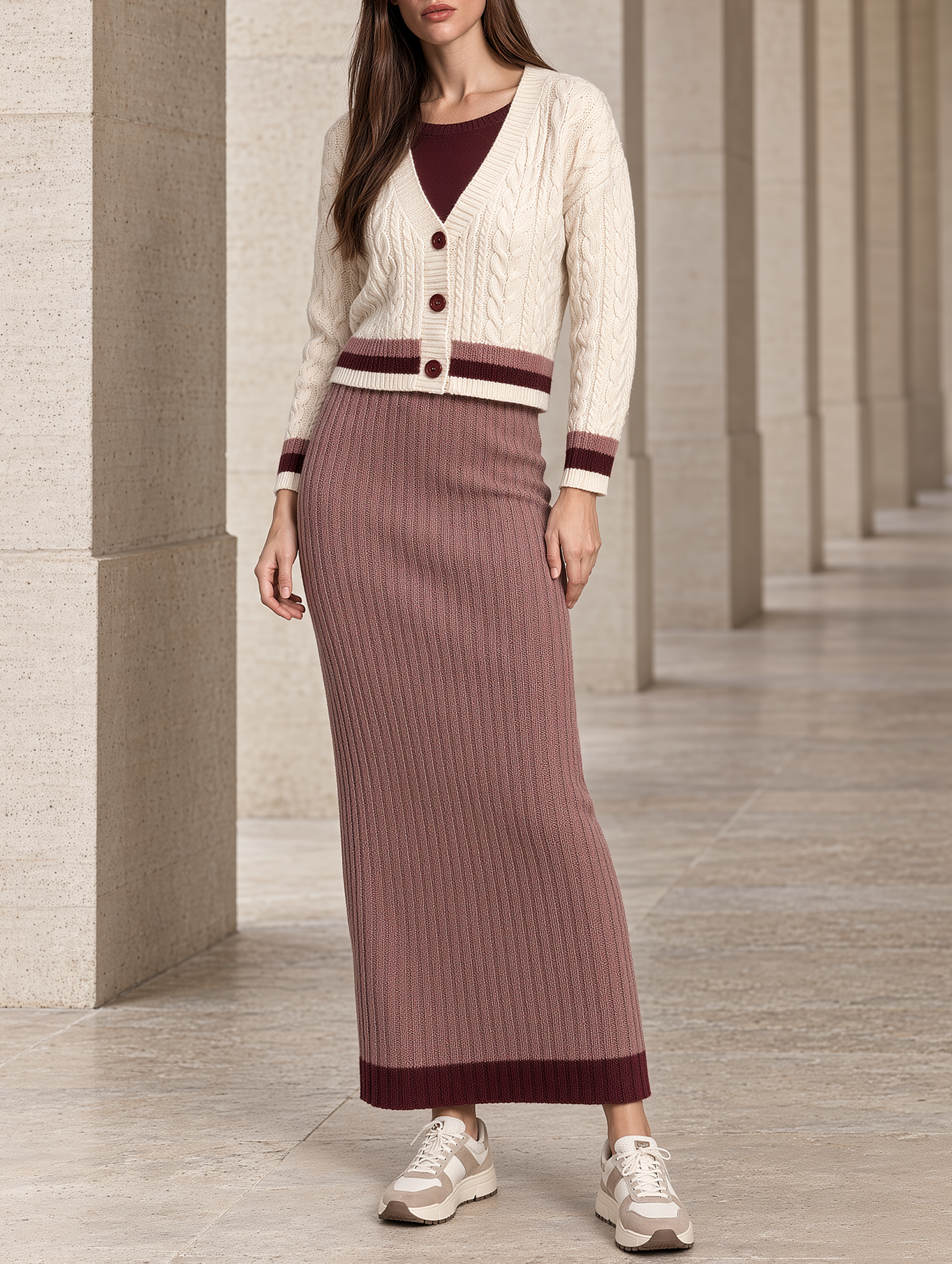 V-Neck Cable Knit Cardigan And Matching Knit Maxi Skirt Set