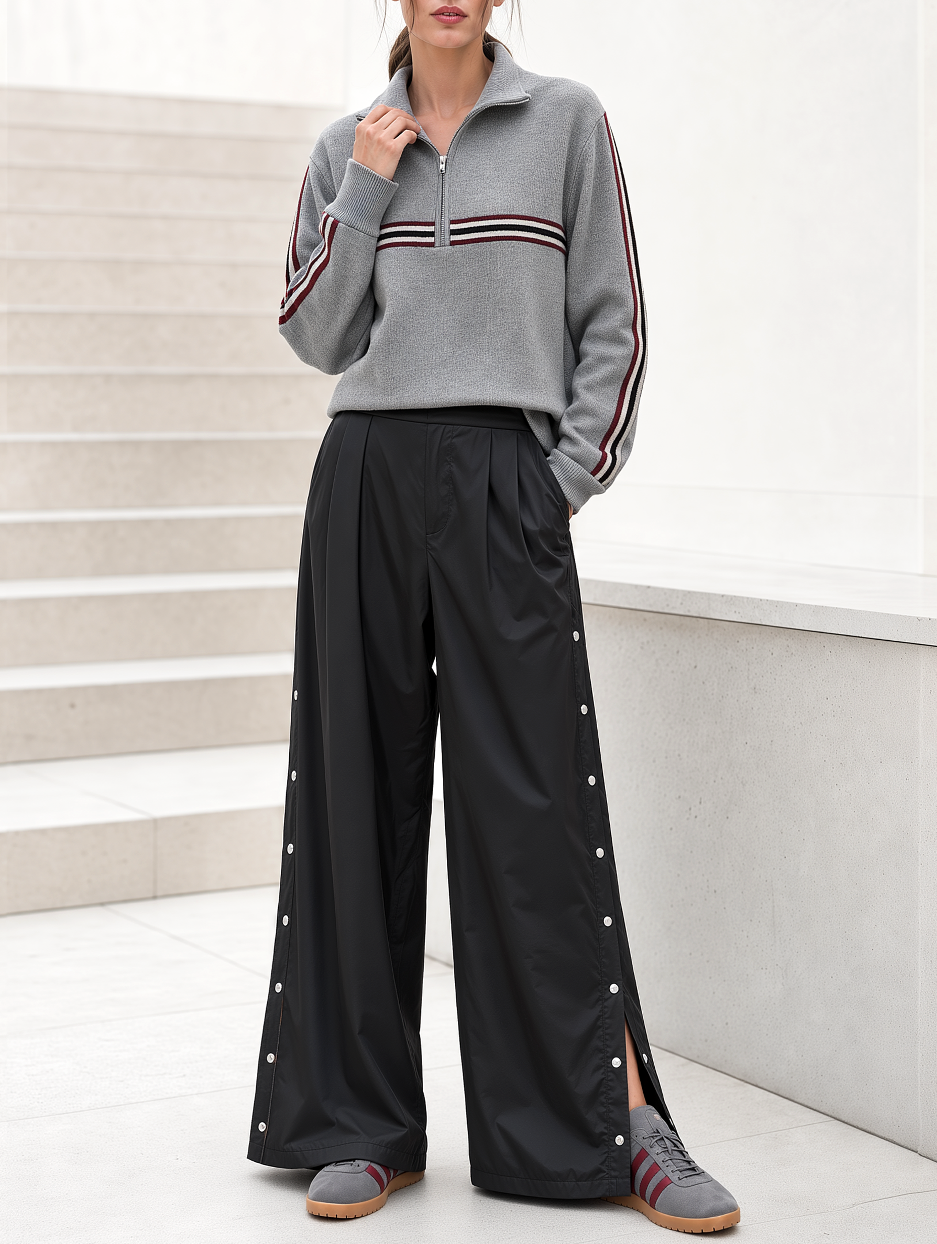 Women’s Casual Two-Piece Set: Grey Half-Zip Knitted Top With Contrast-Color Stripes, Paired With Wide-Leg Trousers Featuring Side-Button Slits (Autumn/Winter)