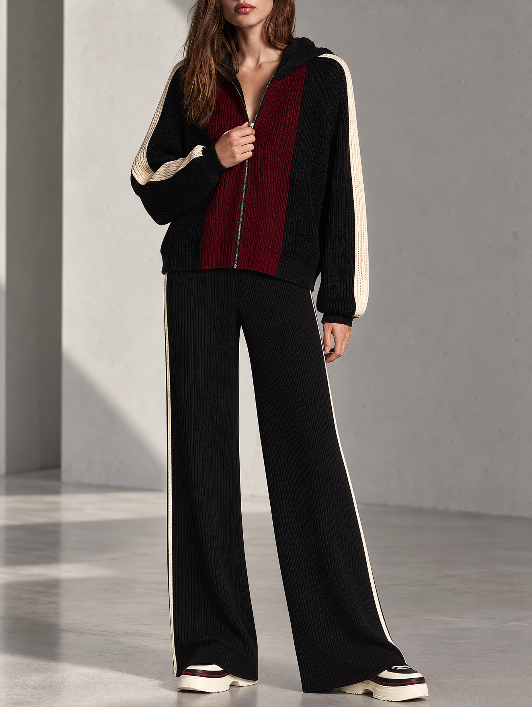 Black And Red Color-block Zip-up Sweater And Wide-leg Trousers Set